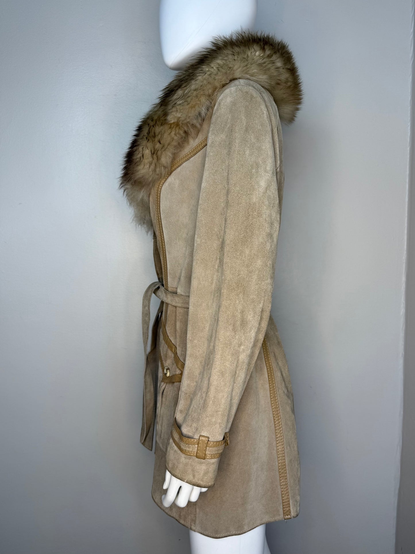 1970s Leather Coat with Lamb Fur Collar, Size Small, Penny Lane