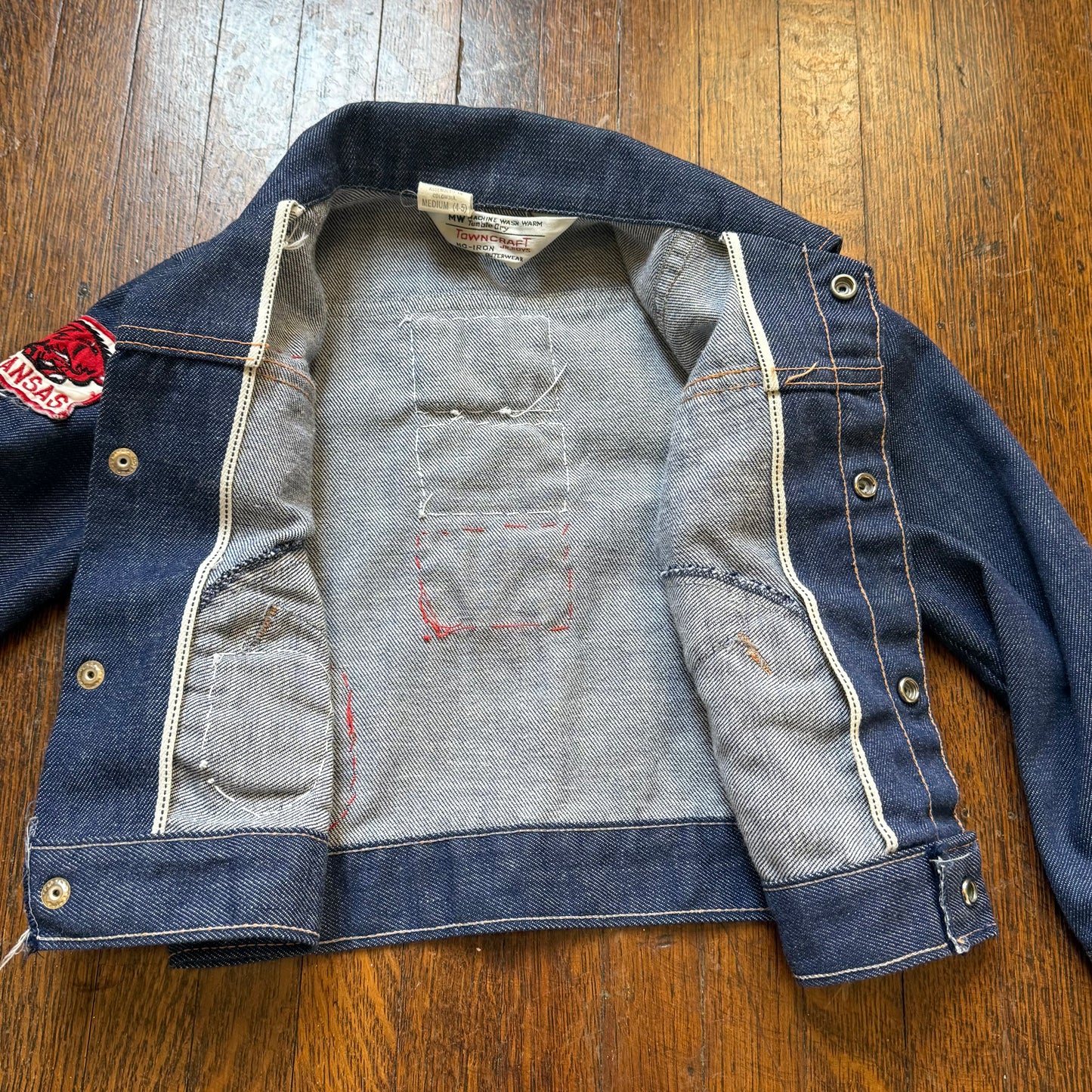 1970s Kids’ Blue Jean Denim Jacket with Southern US States Travel Patches, Selvage, Towncraft JR Boys JCPenney Size 4/5