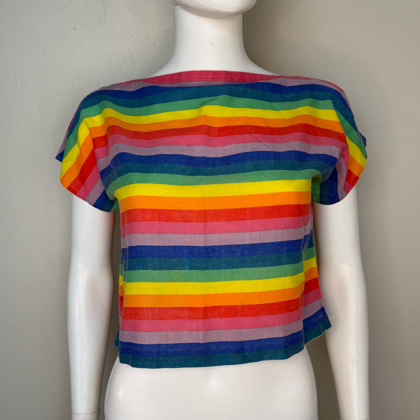 1980s Rainbow Stripe Boxy Crop Top, Handmade Size XS/Small