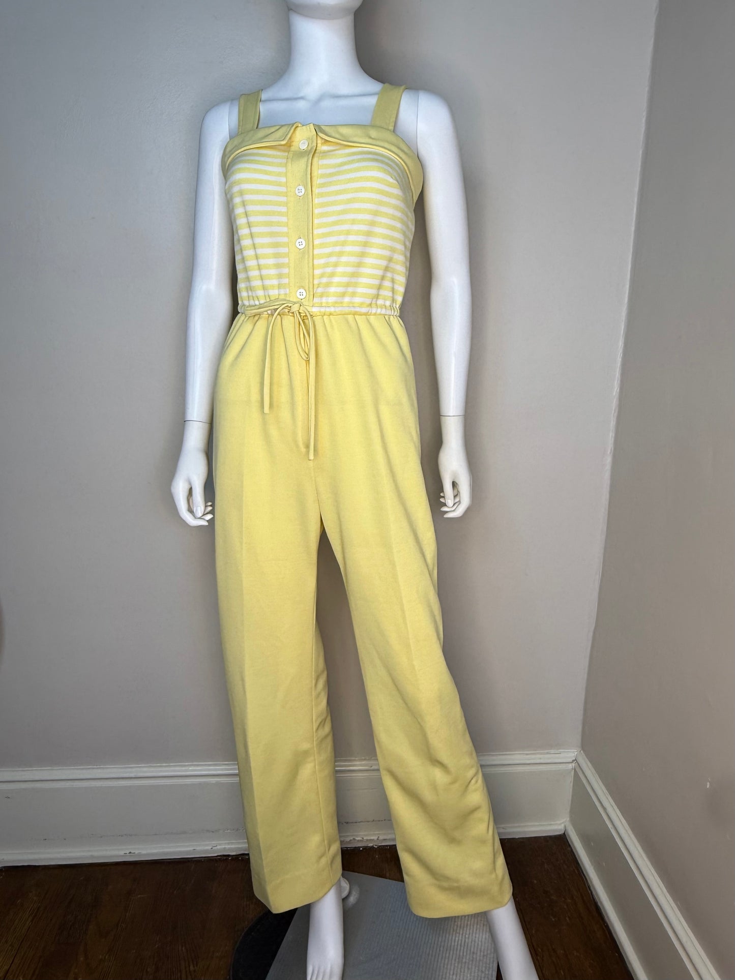 1970s Yellow Stripe Polyester Double Knit Jumpsuit, Melissa Lane Size XS/Small