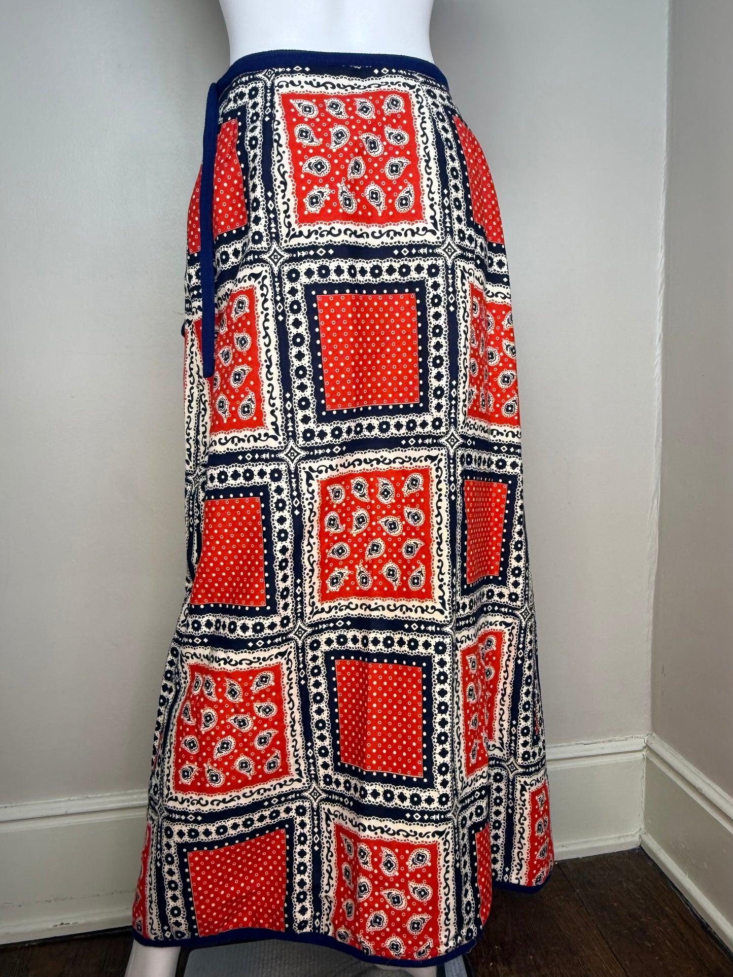 1960s/70s Bandana Print Maxi Wrap Skirt, by David Smith Size Small, Red White & Blue