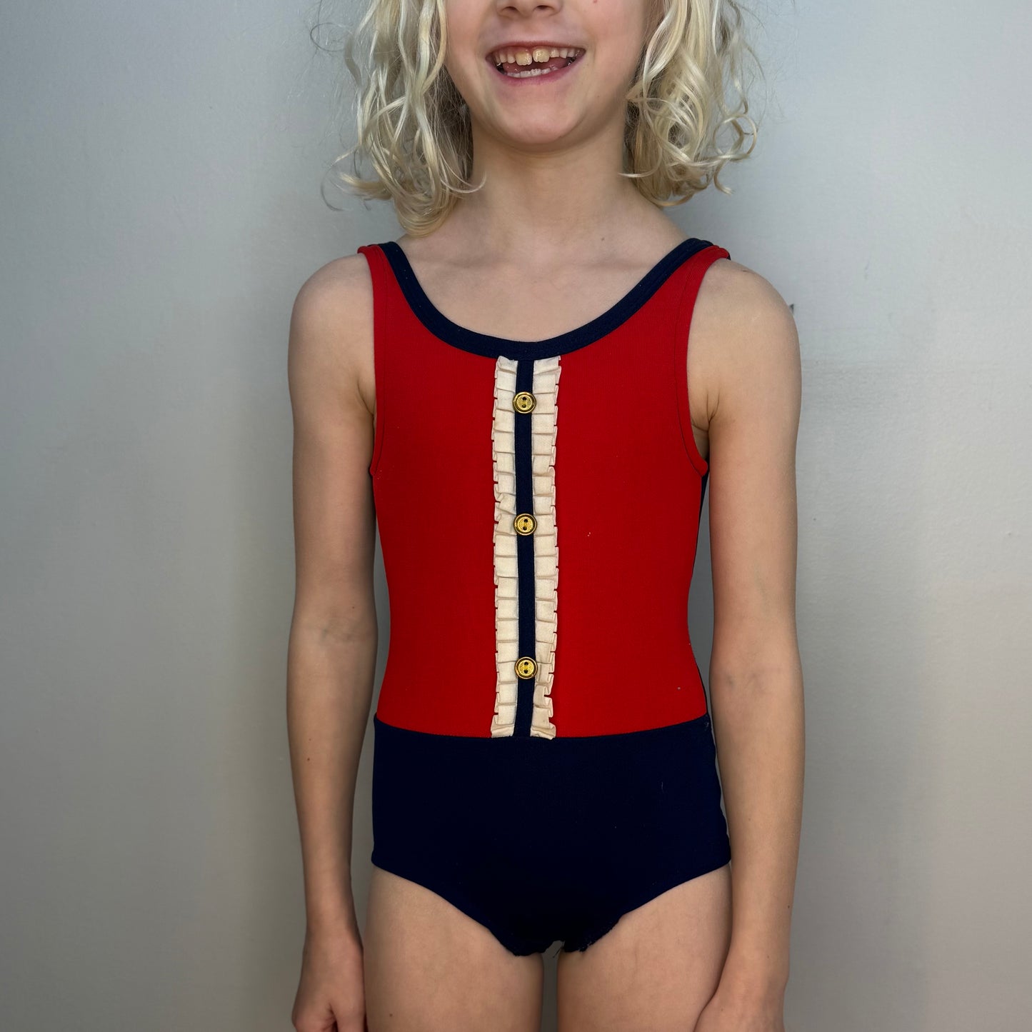 1960s Red White and Blue Girls’ Swimsuit, One Piece, Regal Knitwear Swimwear Size 6