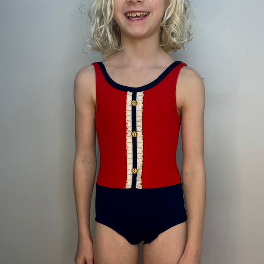 1960s Red White and Blue Girls’ Swimsuit, One Piece, Regal Knitwear Swimwear Size 6