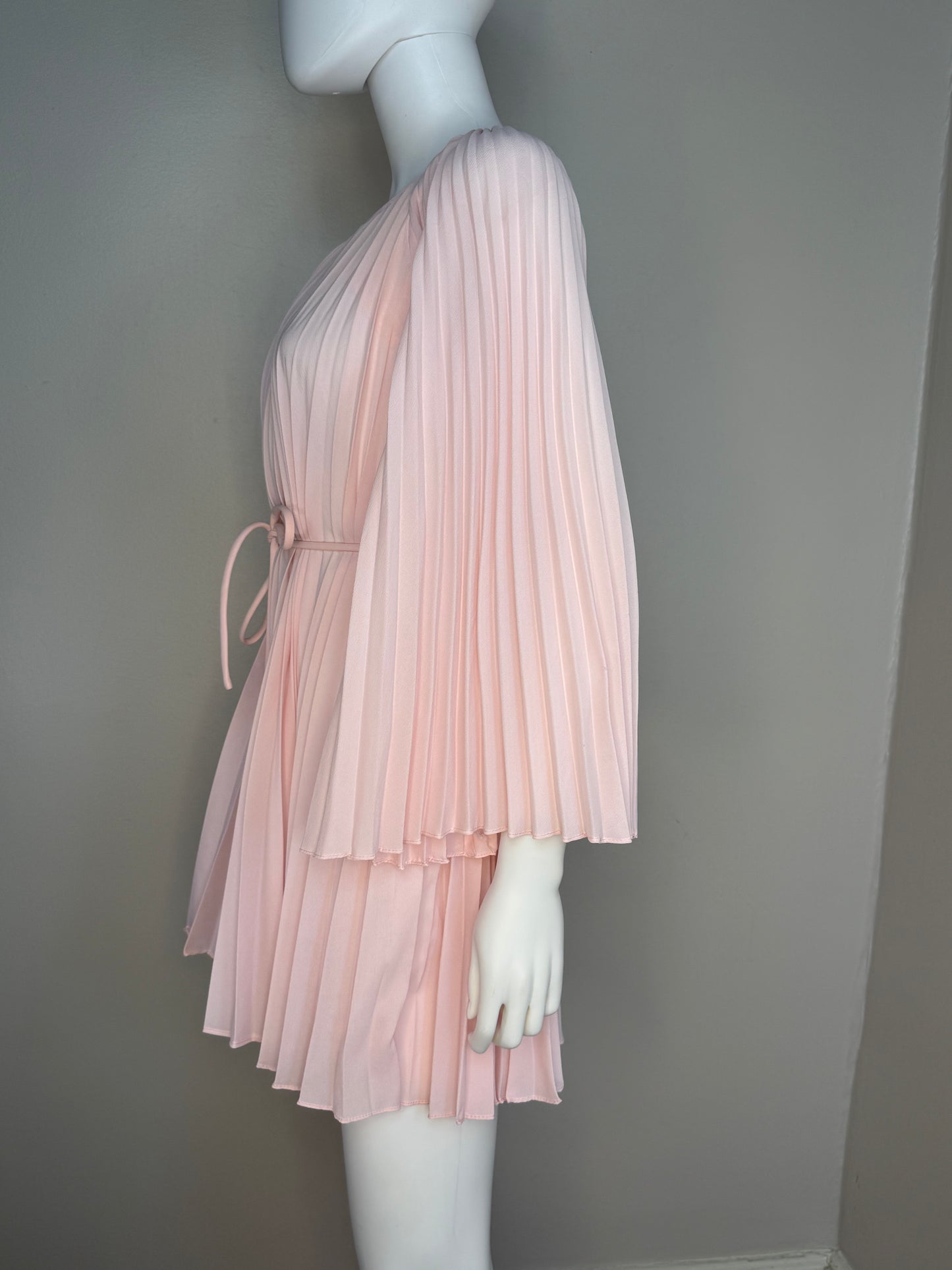1960s Pastel Pink Pleated Mini Dress and Palazzo Pants Set, Bell Sleeves, Extra Wide Legs, Size XS-Small