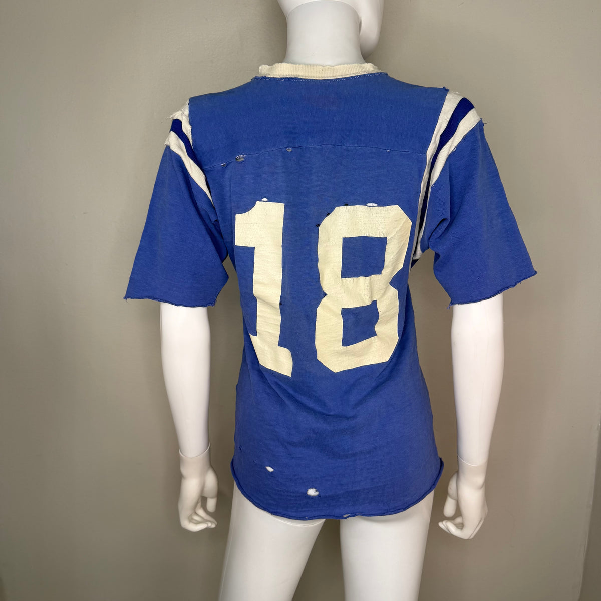 1960s Blue Cotton Jersey T-Shirt, HaneSport Size Small, No. 18, Distressed