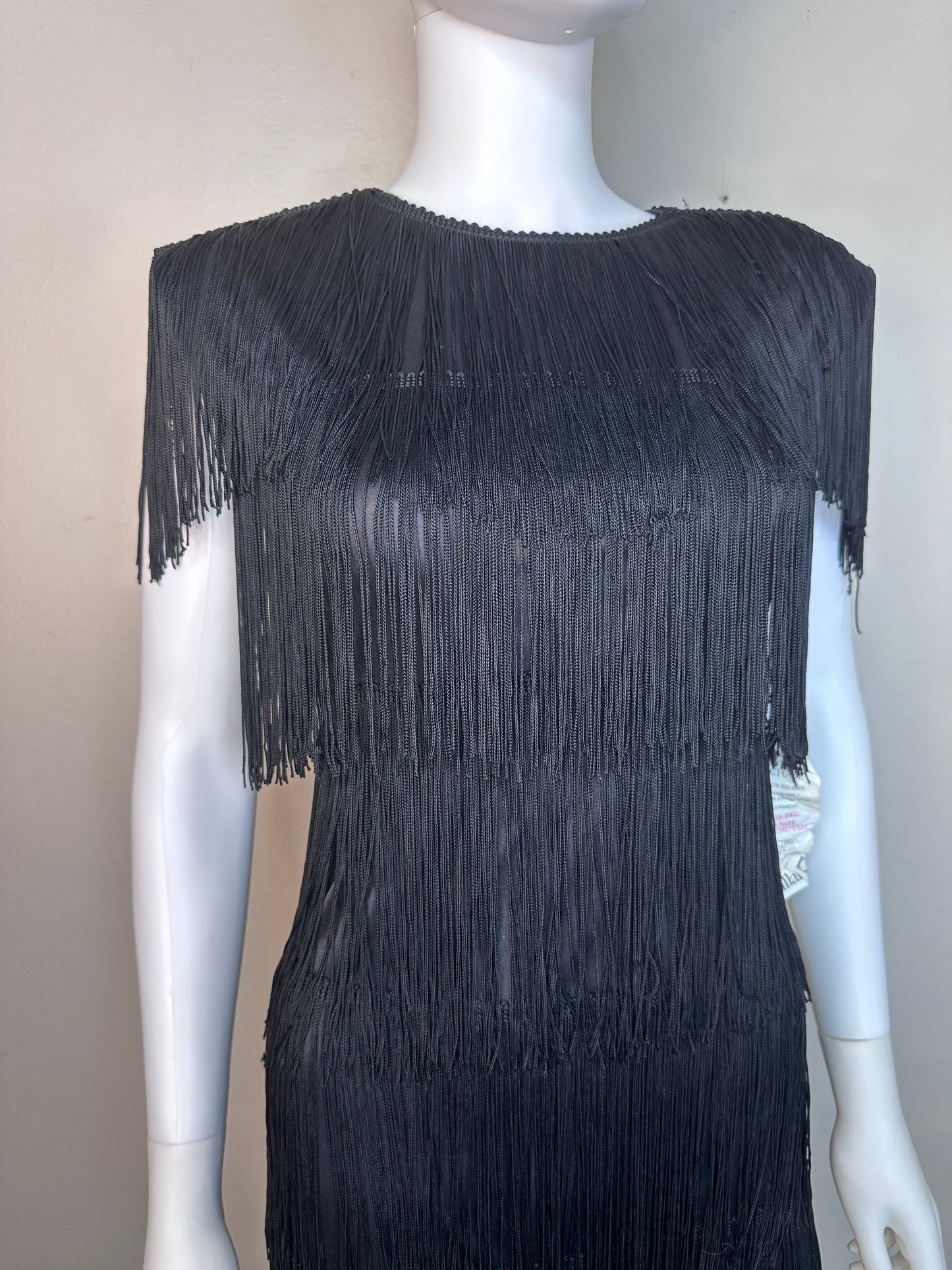 1990s Black Fringe Dress, HW Collections Size XS-Small, Deadstock with Tags