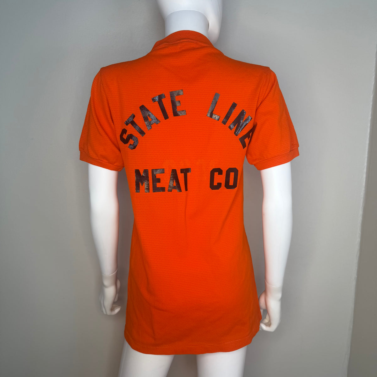 1960s/70s Orange Mesh Jersey T-Shirt, State Line Meat Co, York Arms Co Sporting Goods Memphis Size Small, No. 8