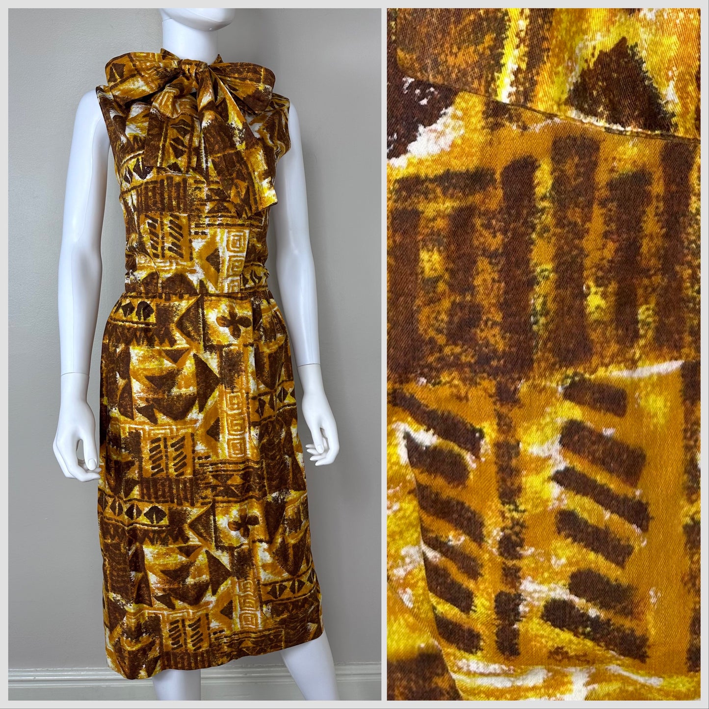 1960s Yellow Tiki Print Dress with Huge Neck Bow Size XS