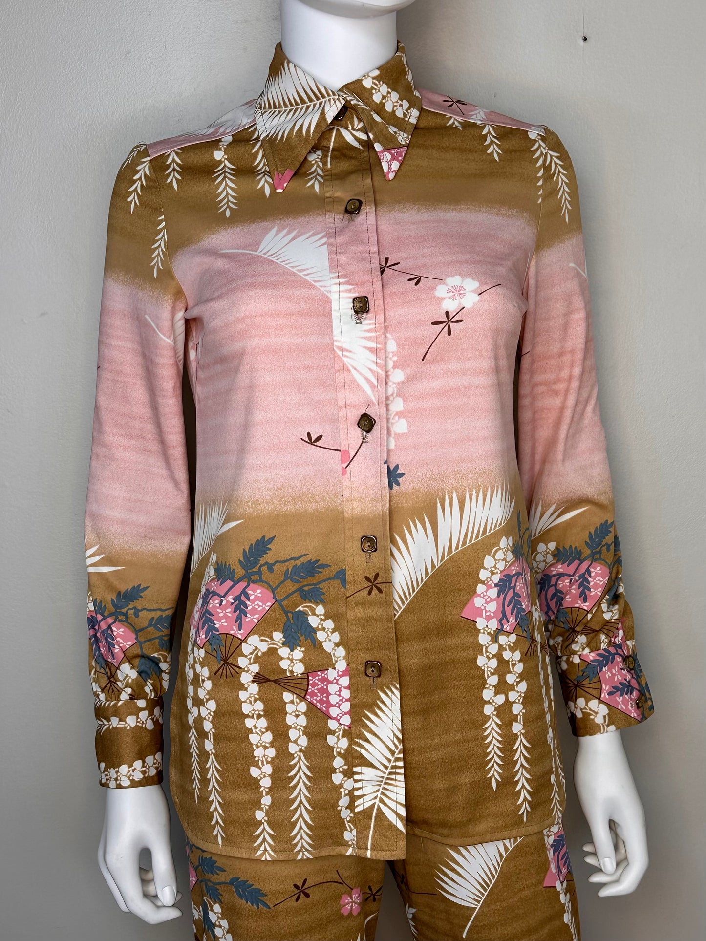 1970s Brown and Pink Fan Print Polyester Pant Suit, Flare Leg Pants, Long Sleeve Blouse, Anjac, Marc Needleman