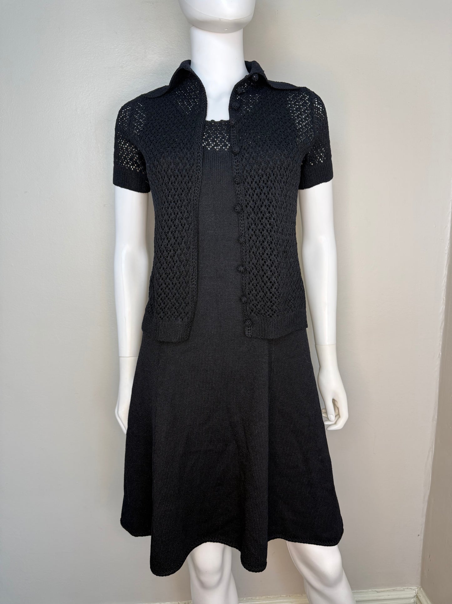 1960s/70s St John Knits Black Sleeveless Sweater Dress and Matching Short Sleeve Cardigan, Size X-Small
