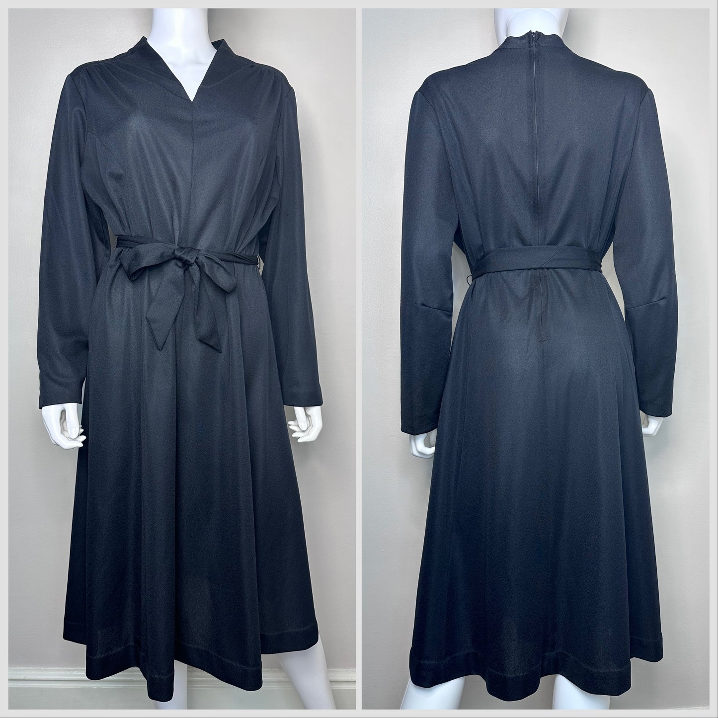 1970s Black Long Sleeve V Neck Dress, Lady Hardin Size 2X