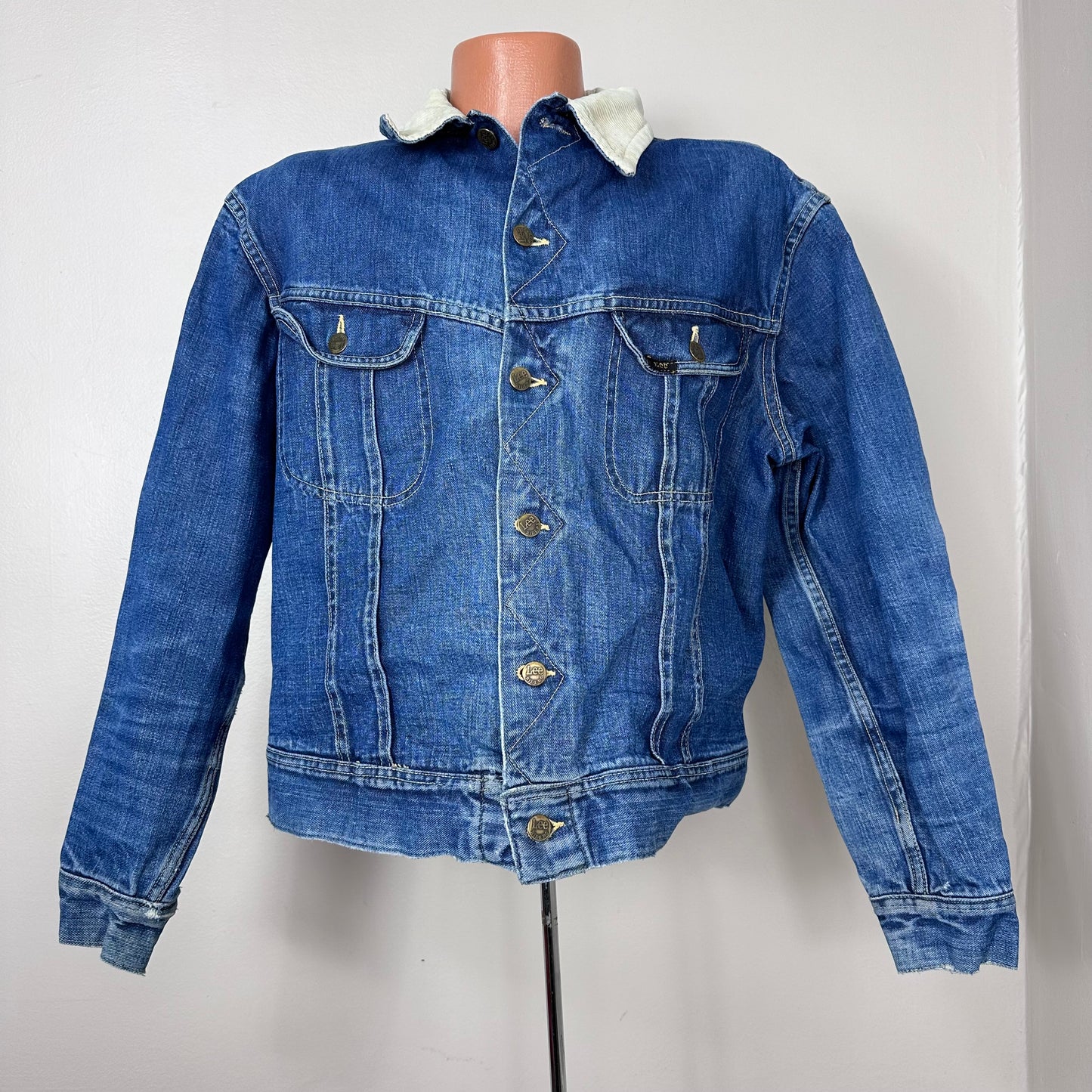 1960s Lee Storm Rider Denim Jacket with Corduroy Collar, Size Large, Lining Removed