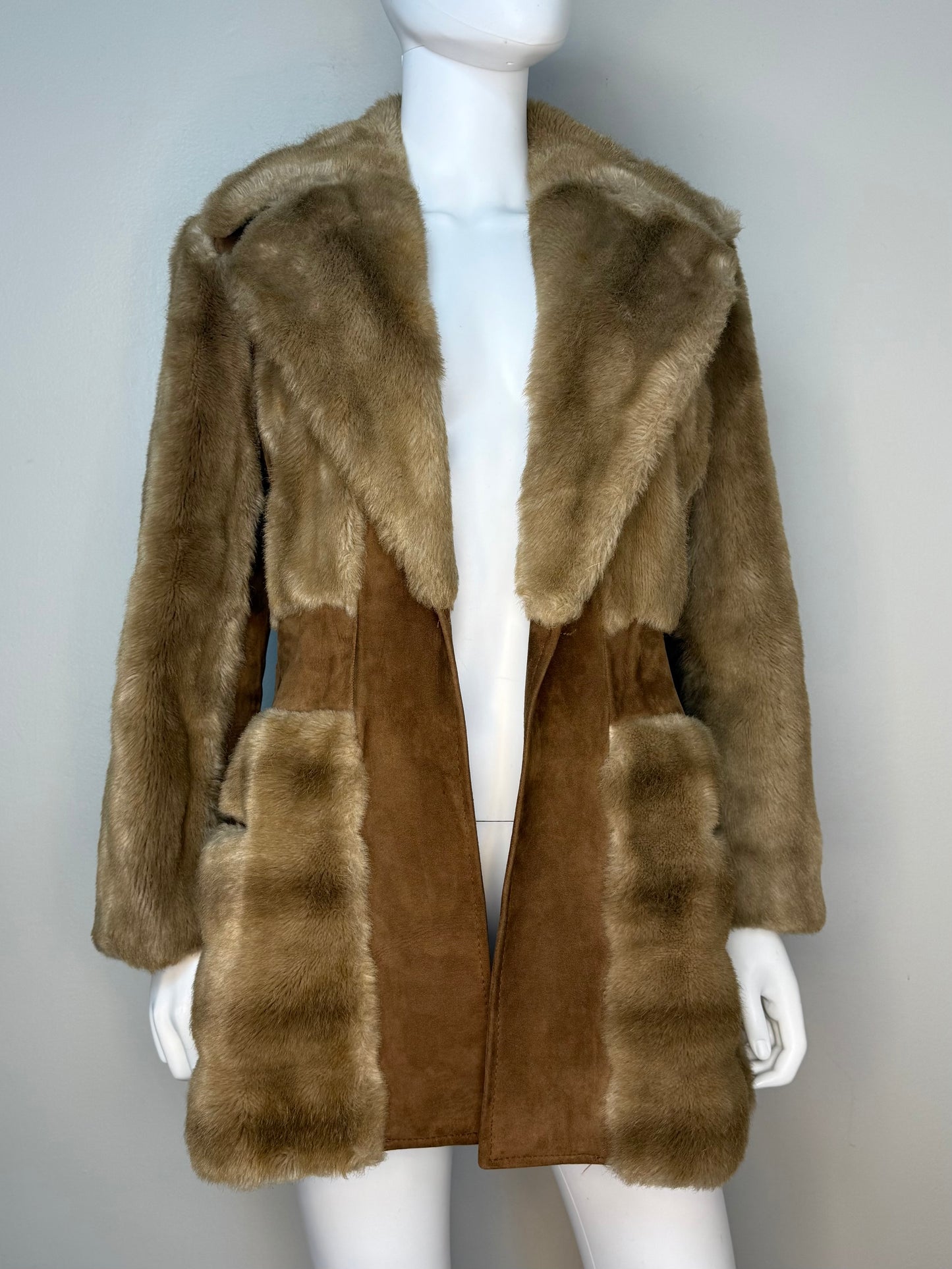 1970s Brown Faux Fur and Leather Coat, London Leathers by Lilli Ann Size Small