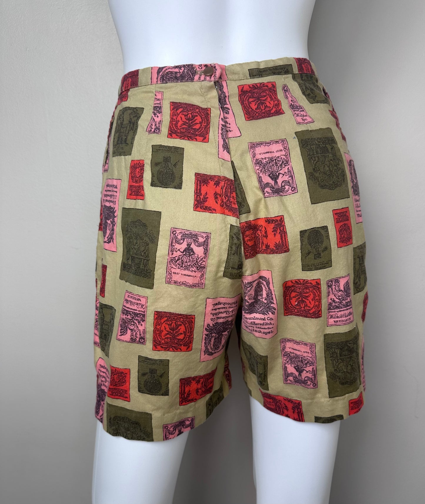 1950s Novelty Print Shorts, Size XS, High Rise, Back Zip, Tobacco Felts