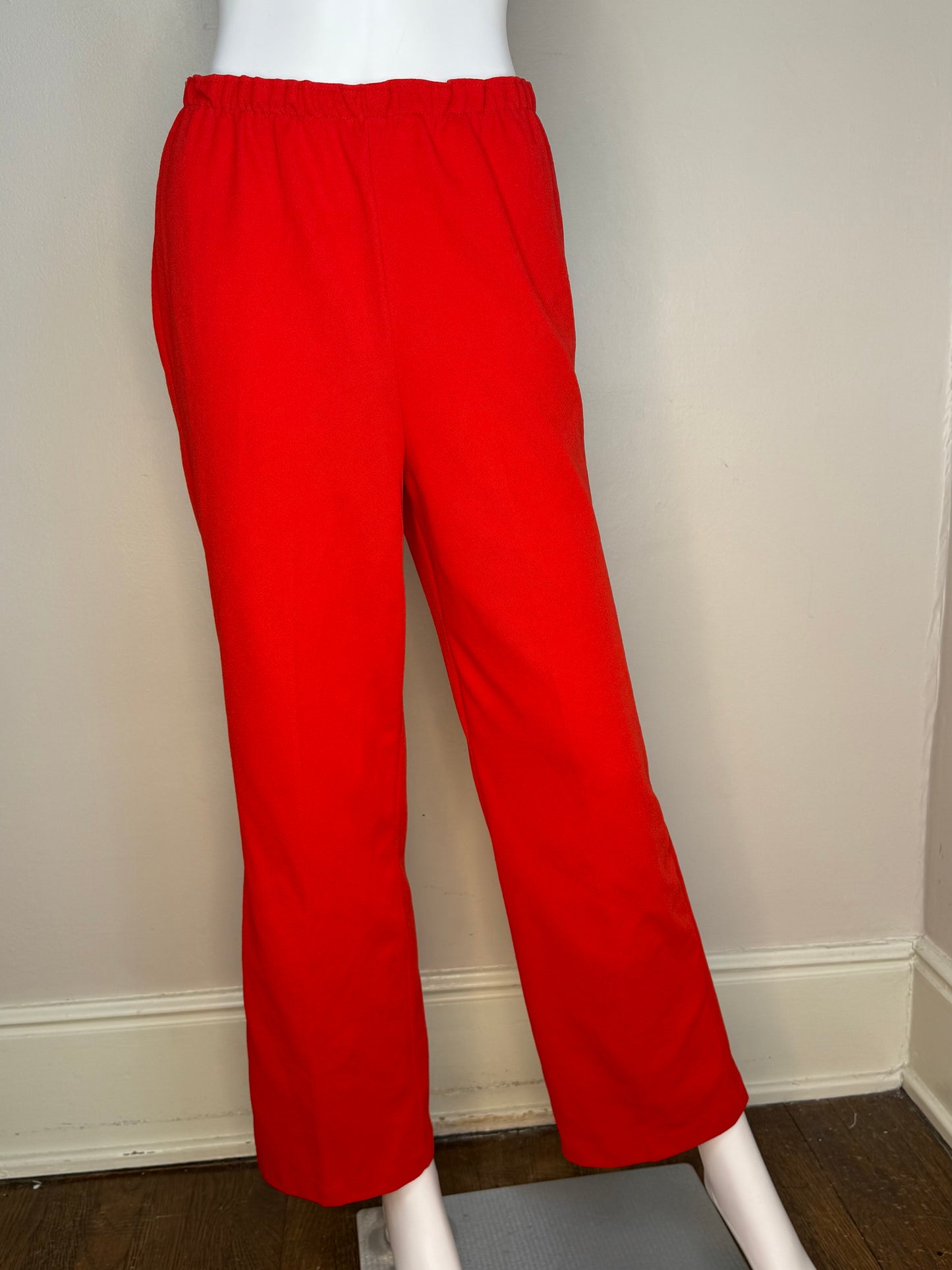1960s/70s Mod Red Pant Suit, Sleeveless Top and Pants, Polyester Double Knit with Rainbow Trim, Size Medium
