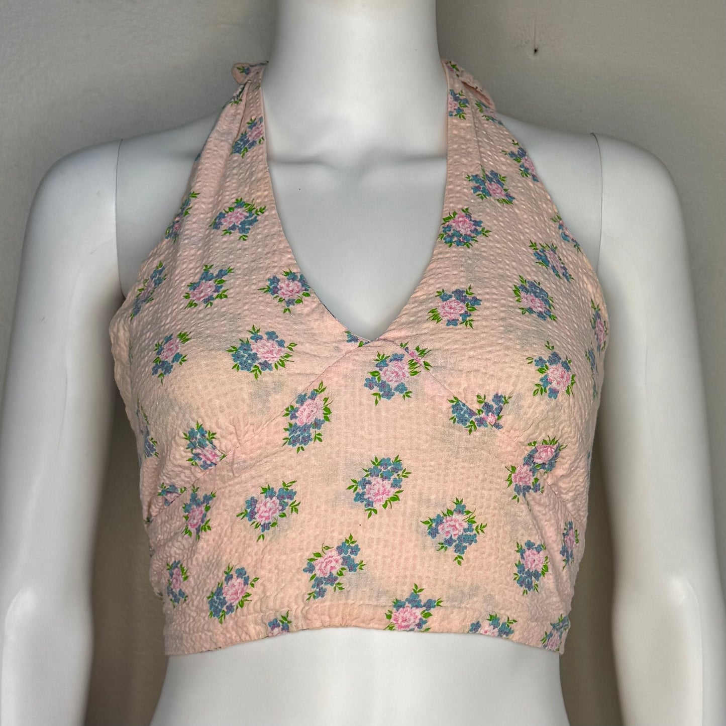 1970s Pink Floral Seersucker Cropped Halter Top, Tie, Adjustable Size XS to Medium