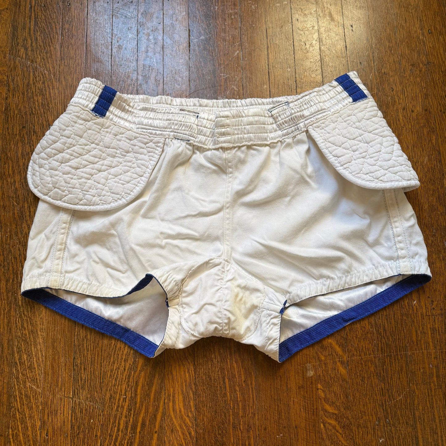 1940s White and Blue Satin Athletic Shorts, Belt, Padded Hips, Lawson Cavette Sporting Goods, Basketball? Boxing?