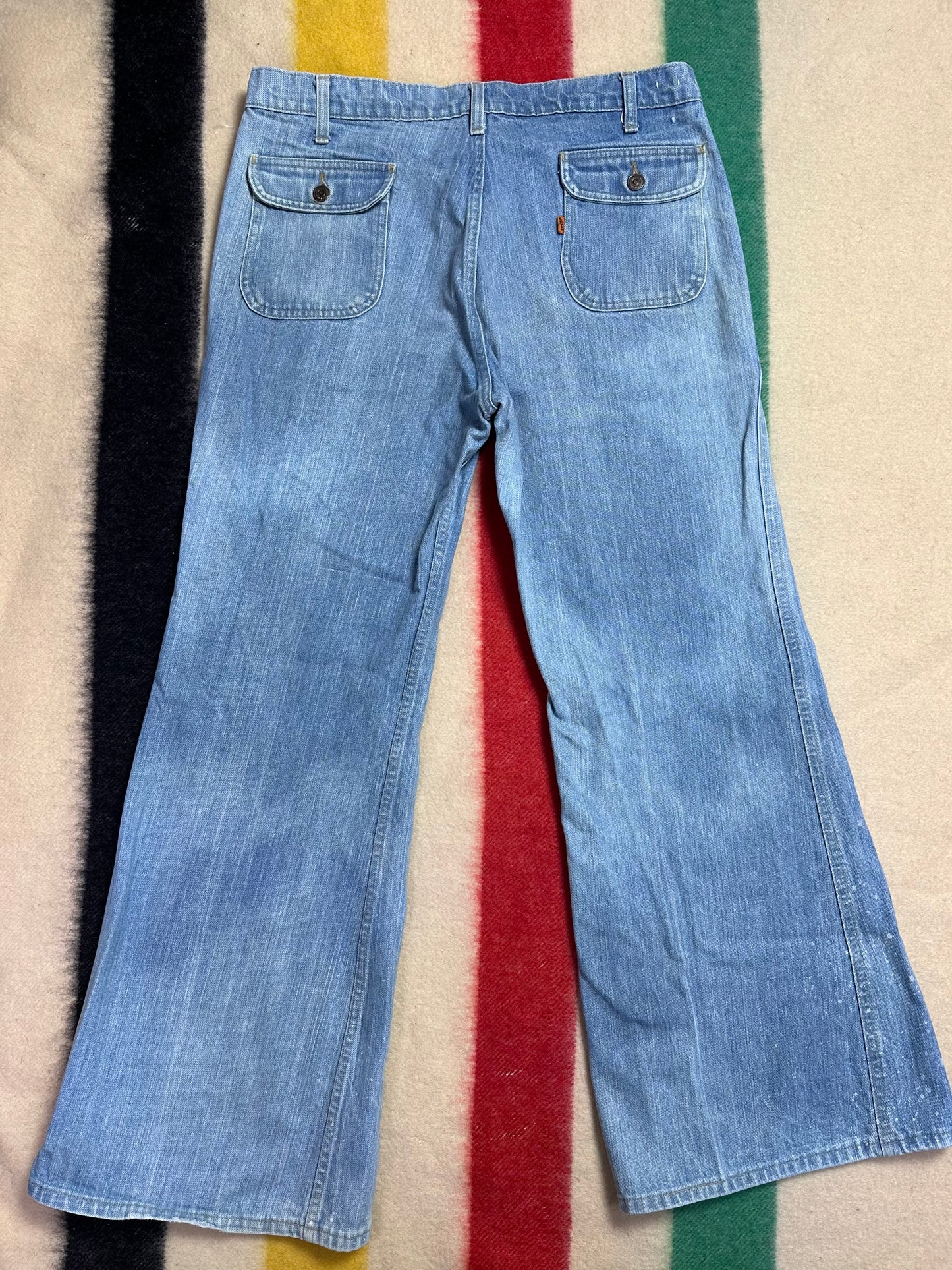 1970s Levi’s Orange TabBell Bottom Blue Jeans, 35.5"x31"