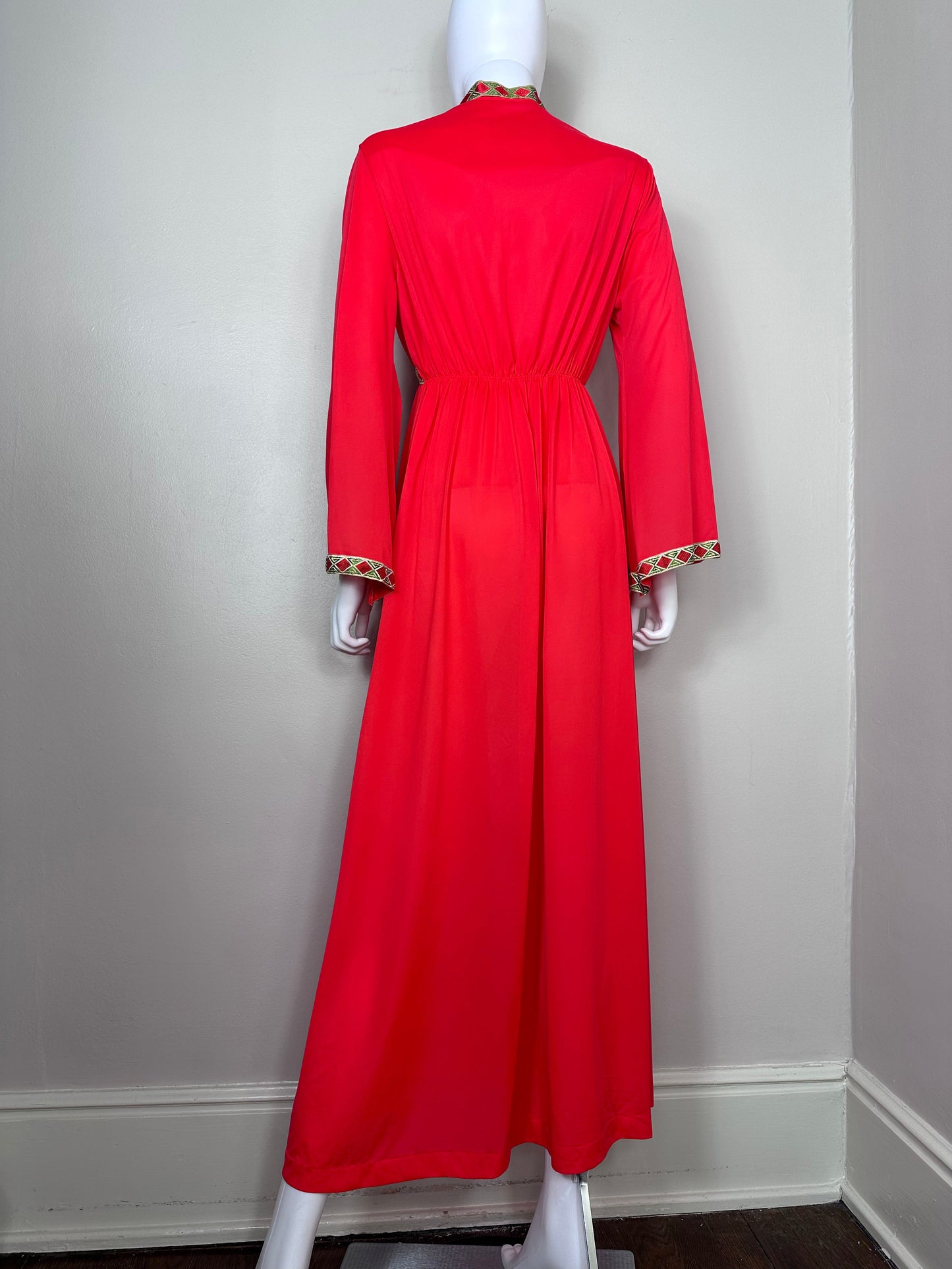 1970s Red Nightgown with Gold Trim, Lorraine Size S/M