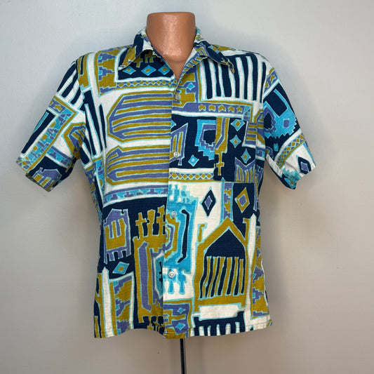 1960s Hawaiian Shirt, Tiki Print Cotton Barkcloth, Sears Styled in Hawaii Size Medium
