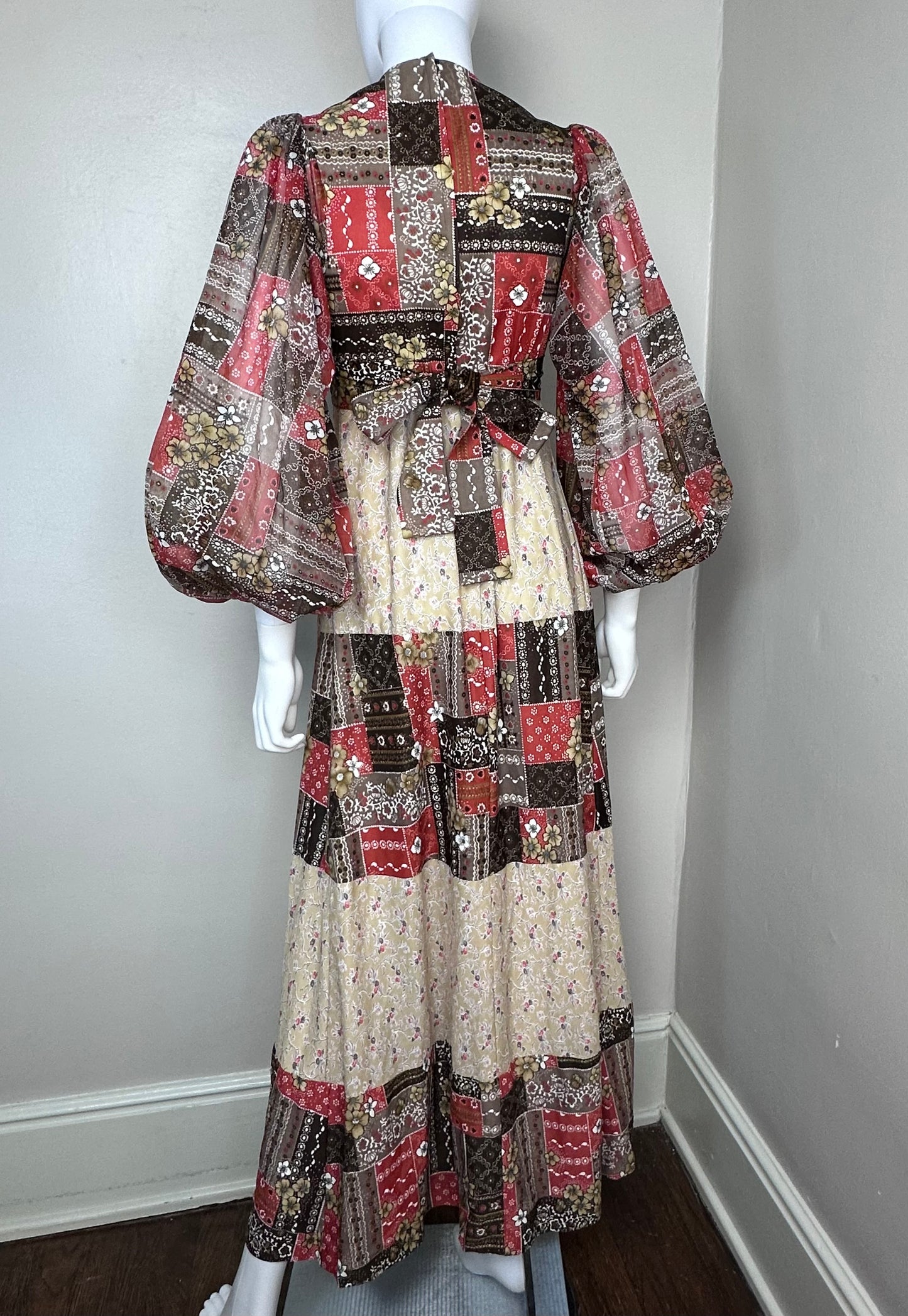 1970s Patchwork Print Boho Maxi Dress, Size XS, Sheer Balloon Sleeves