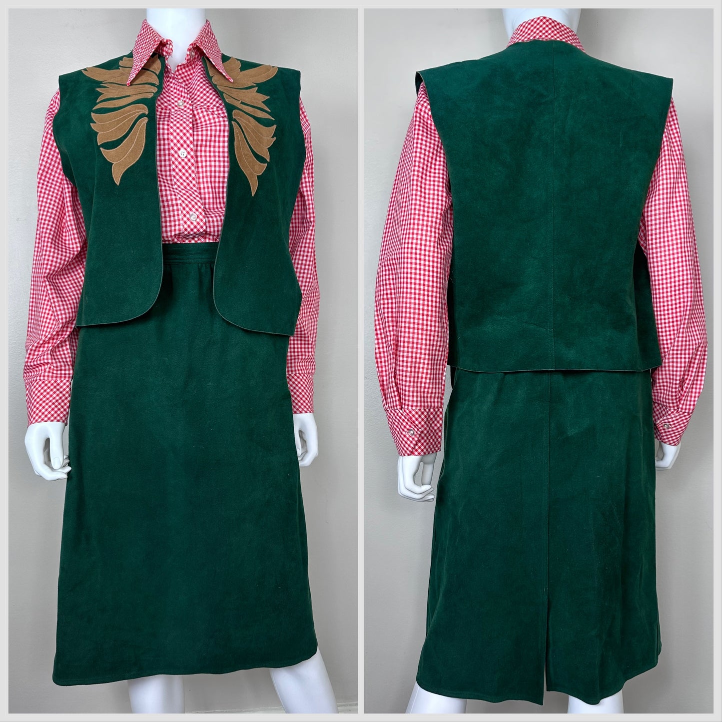 1980s Green Ultrasuede Vest and Skirt Set, Signatures by Russ Taylor Size Small-Medium