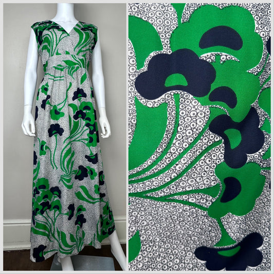 1970s Green and Blue Floral Maxi Dress, Handmade Size Large