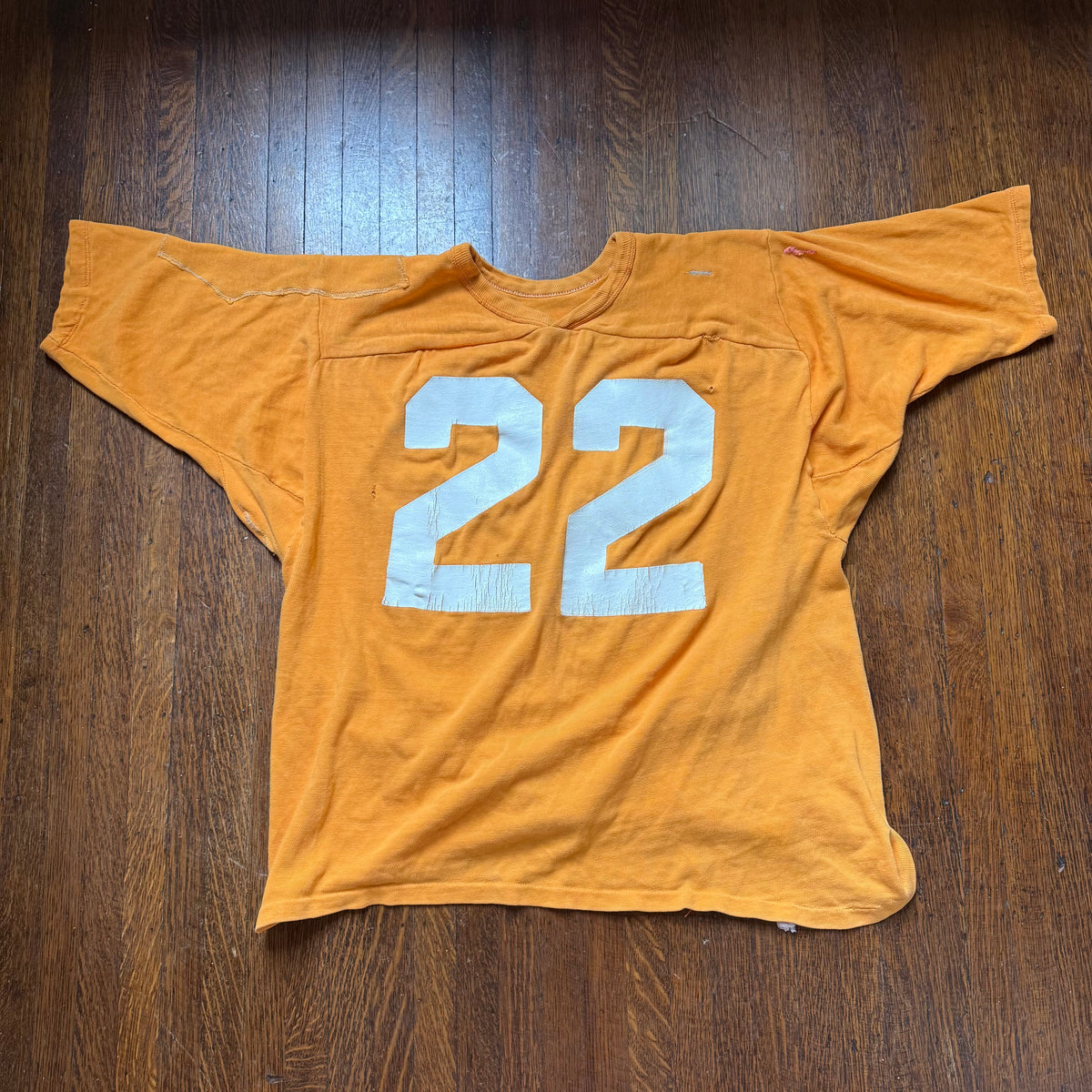 1960s Orange Cotton Jersey, Russell Athletic Size Large, No 22, Distressed