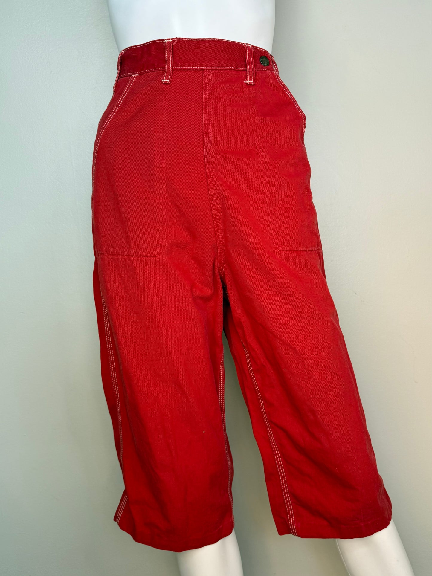 1950s Side Zip Red Denim Pedal Pushers, Cropped Dungarees, Stephens Size XXS, 23.5"x16"