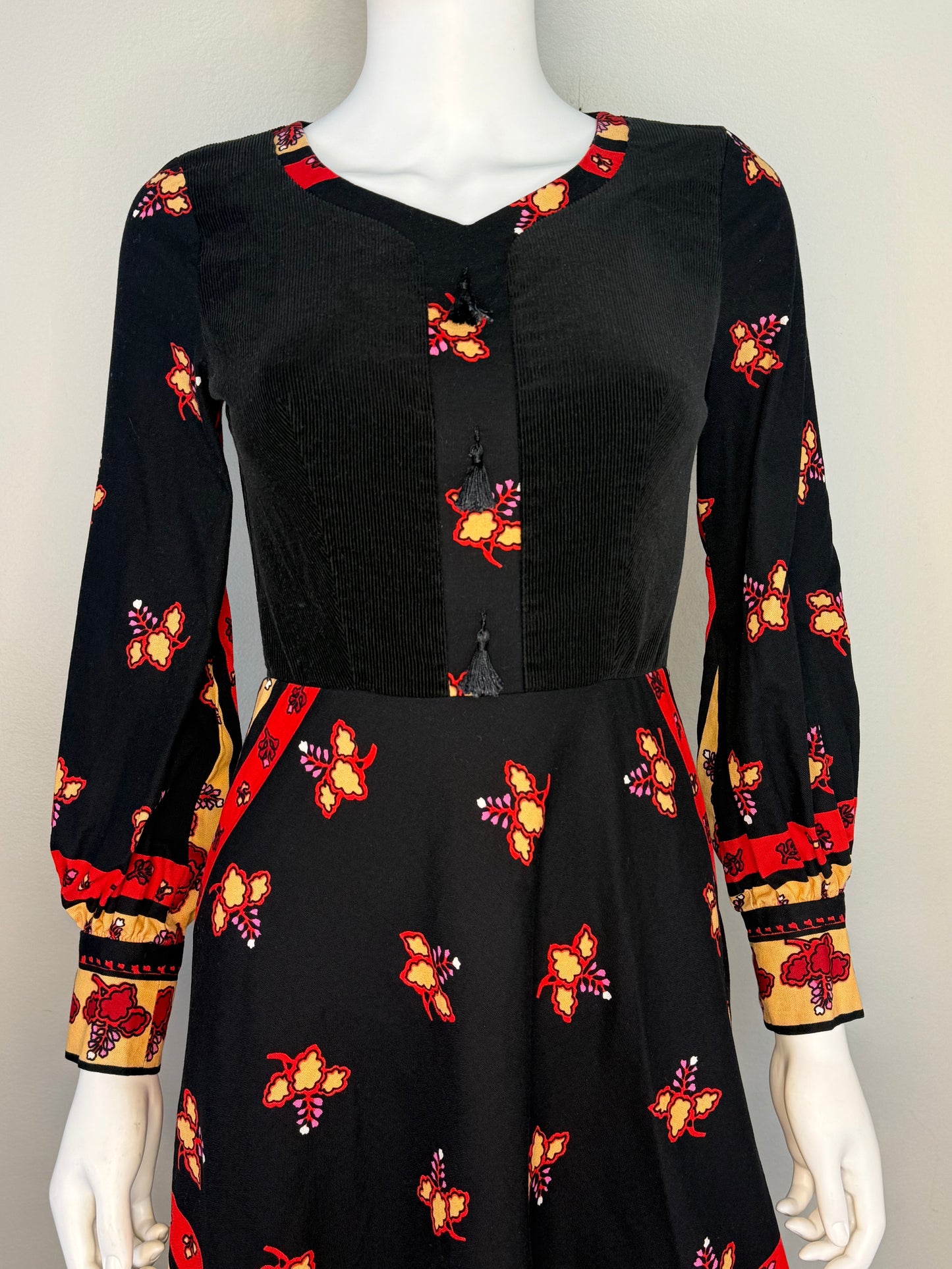 1970s Black Floral Cotton Long Sleeve Maxi Dress, Kaisu Heikkilä Oy Finland Size X-Small, Corduroy Bodice