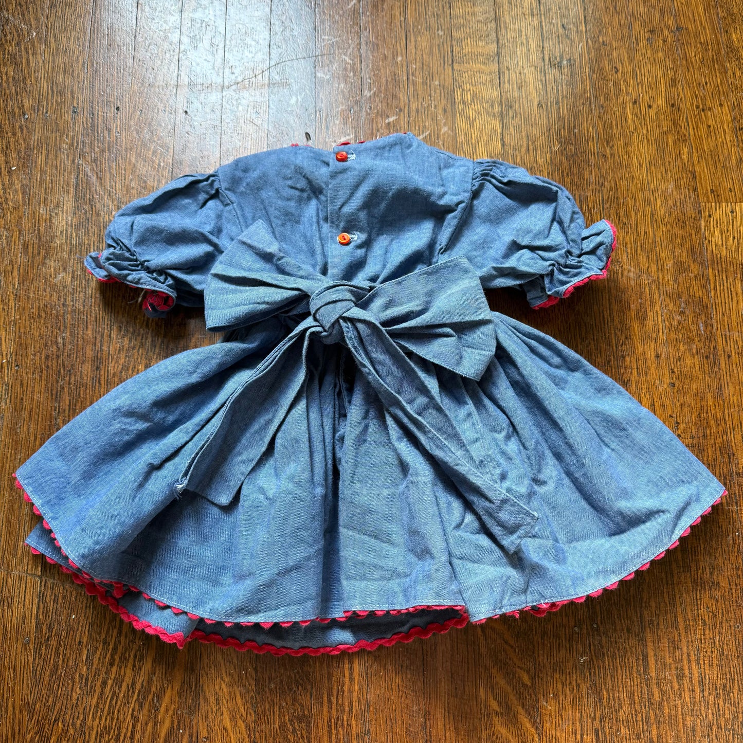 1950s Chambray Baby Dress, Hot Dog BBQ Applique, Full Skirt, Puff Sleeves, Rick Rack, Size 3-6 month