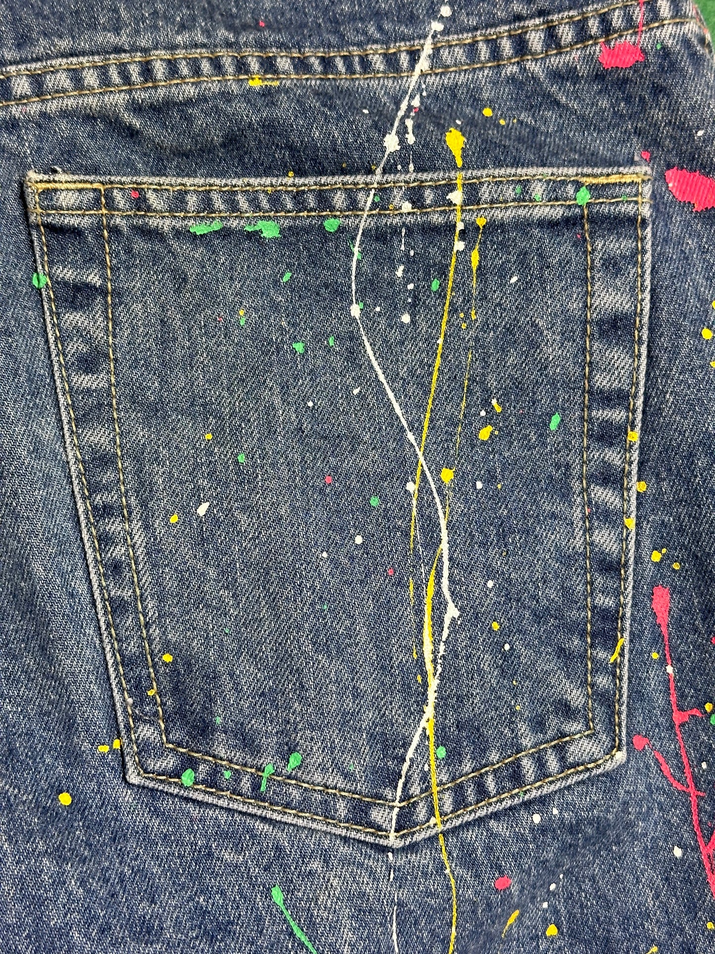 1980s Splatter Paint Jeans, Code Bleu, 31.5"x33.5"