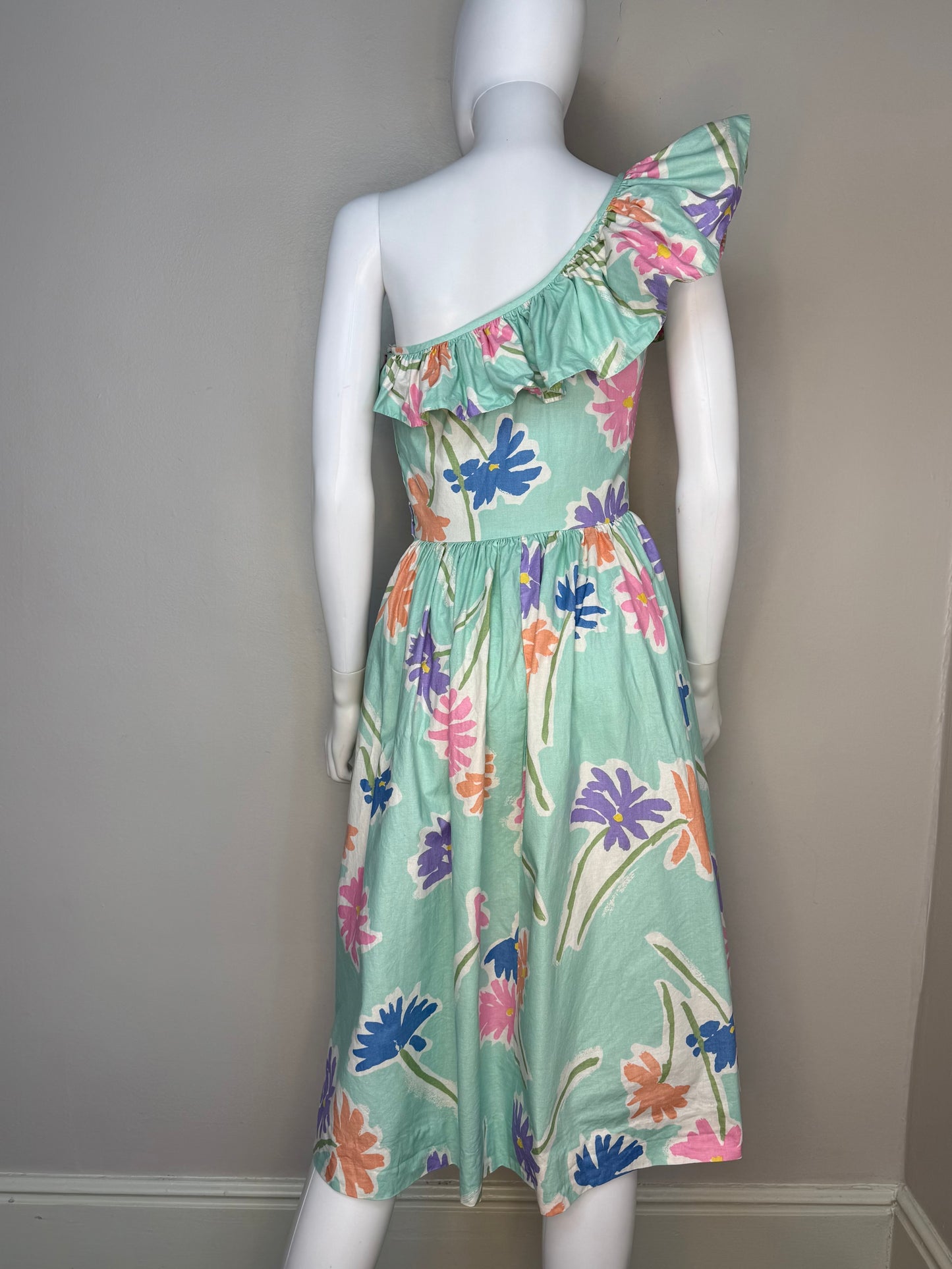 1980s Pastel Green Floral One Shoulder Dress, Blair Woolverton Size XS, Asymmetrical