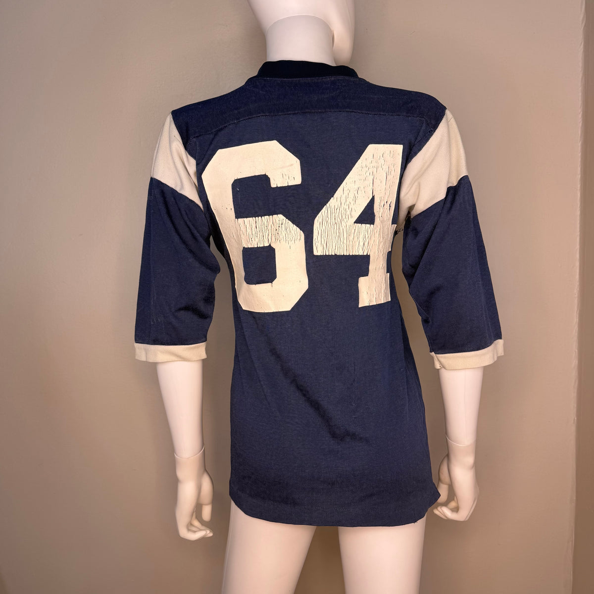 1970s Navy Blue Jersey, Champion Size Youth XL/Adult Small, No 64, Distressed