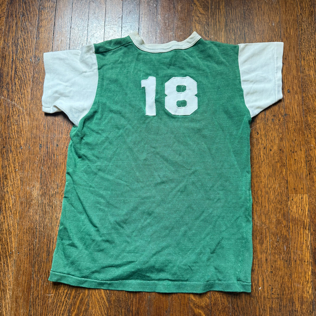 1960s/70s Kids’ Green and White Durene Jersey T-Shirt, Size Youth Medium/Adult XS No 18