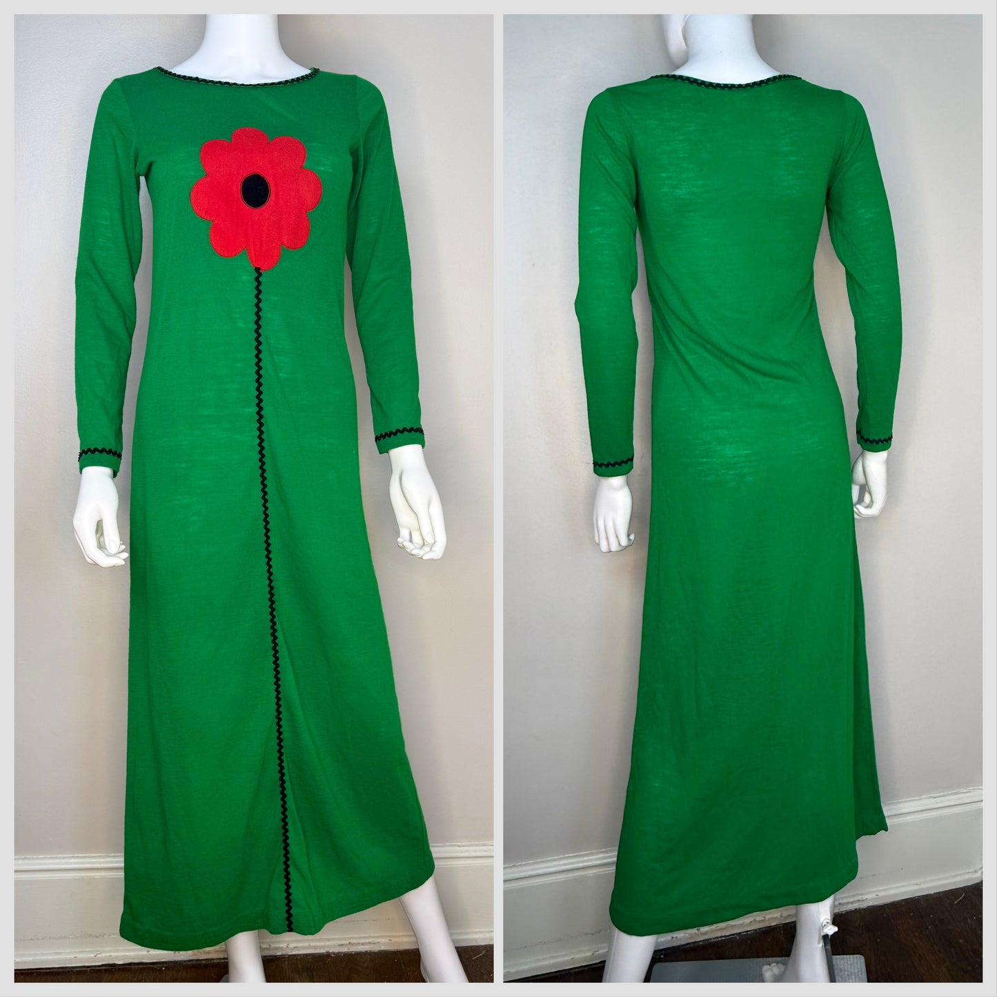 1960s/70s Green Knit Maxi Dress with Giant Flower Applique and Ric Rack, Young Miss Morton Size X-Small, Jeri Morton Loungwear