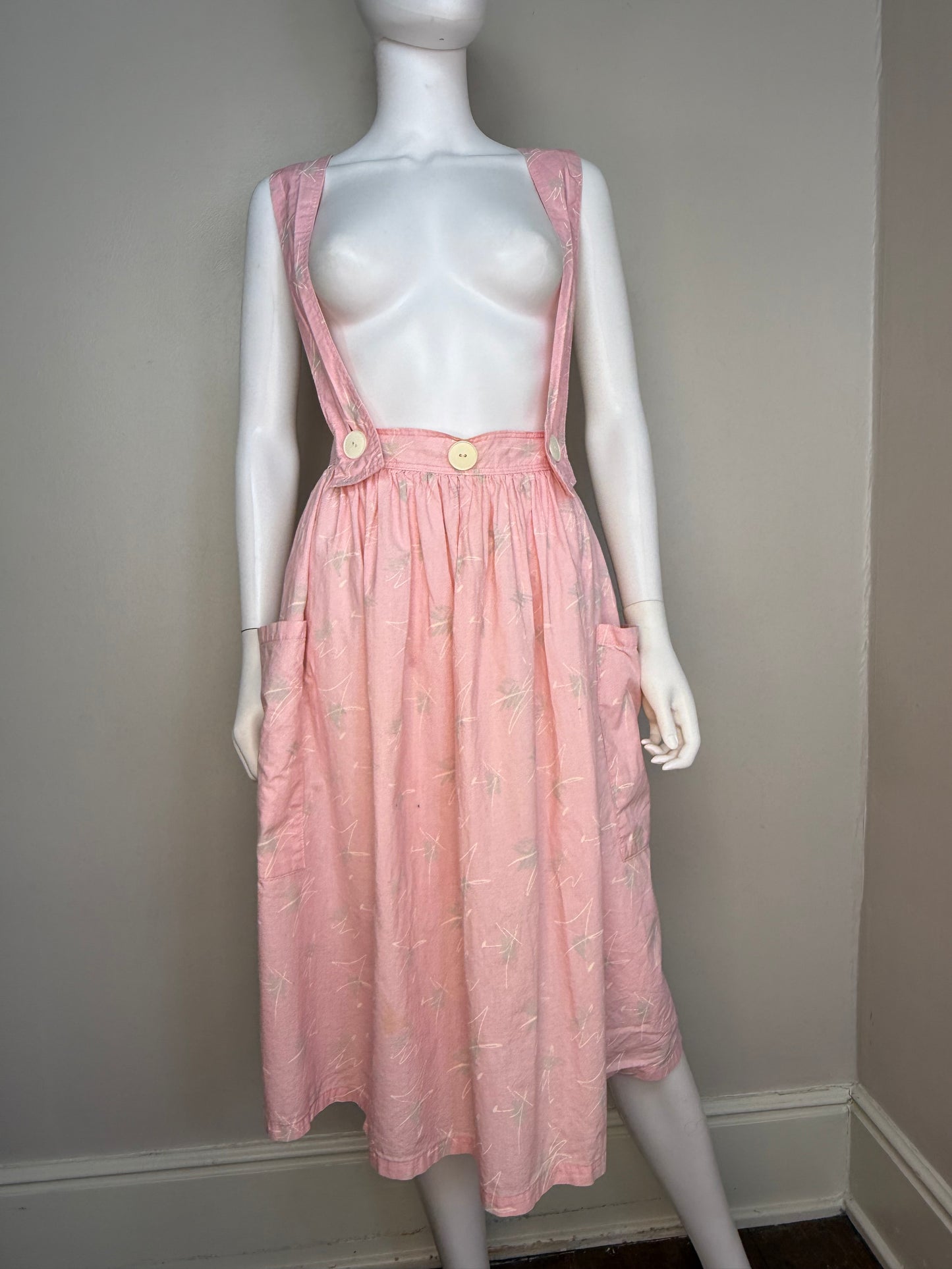 1980s Pastel Pink Abstract Geometric Skirt with Removable Suspender Straps, Scribble Art, Size Medium