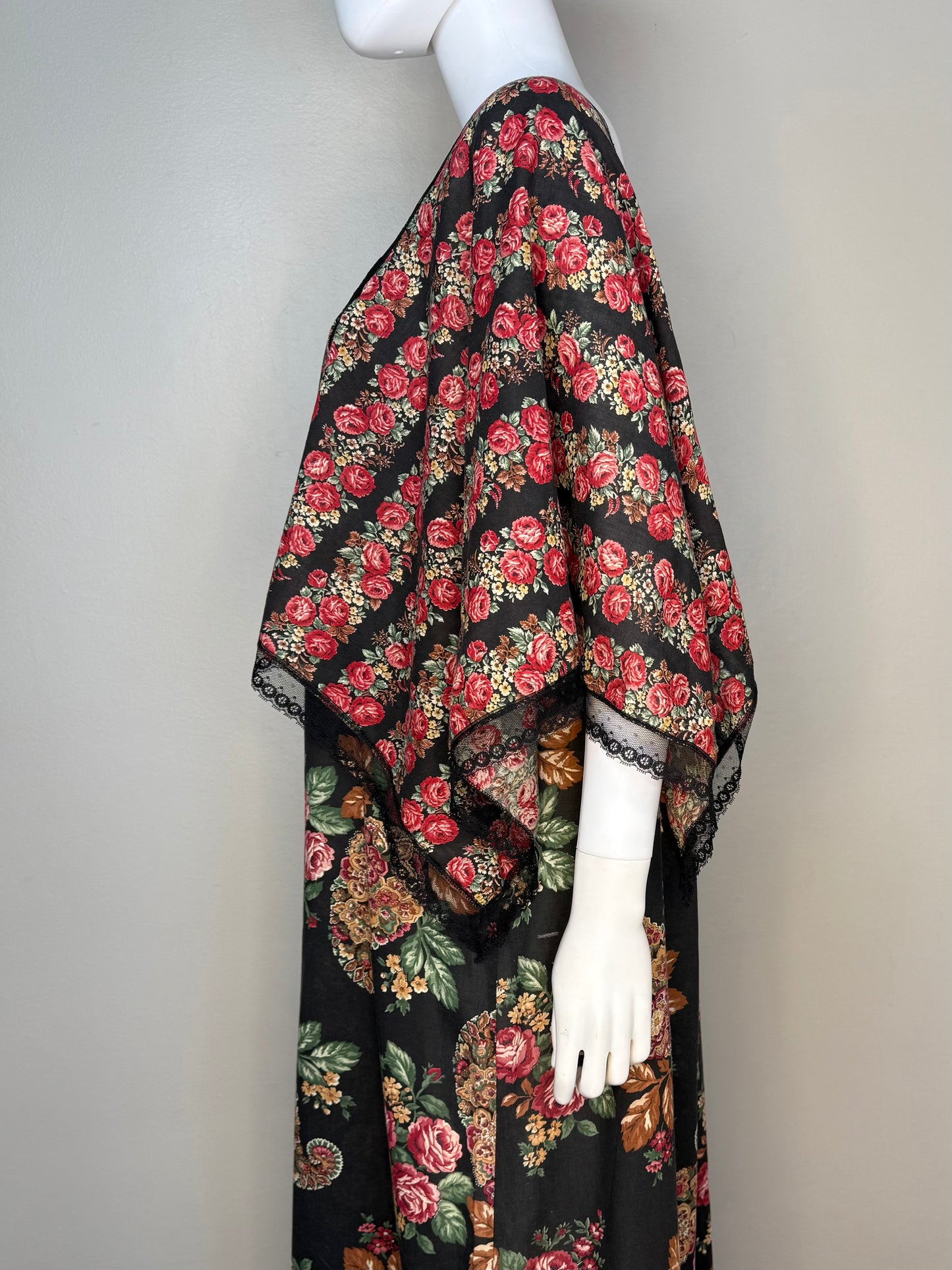 1970s Black Rose Caftan Dress with Wide Scarf Sleeves, Dutchmaid Size Large