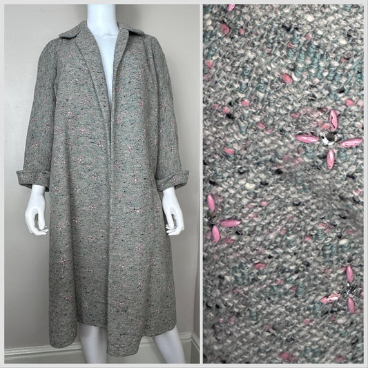1950s Grey and Pink Swing Coat with Rhinestones, George Carmel Size Medium, Hughes & Hatcher Detroit