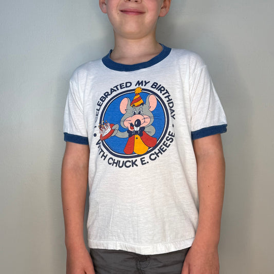 1980s Kids’ I Celebrated My Birthday with Chuck E Cheese T-Shirt, Screen Stars Ringer Tee Size 10-12