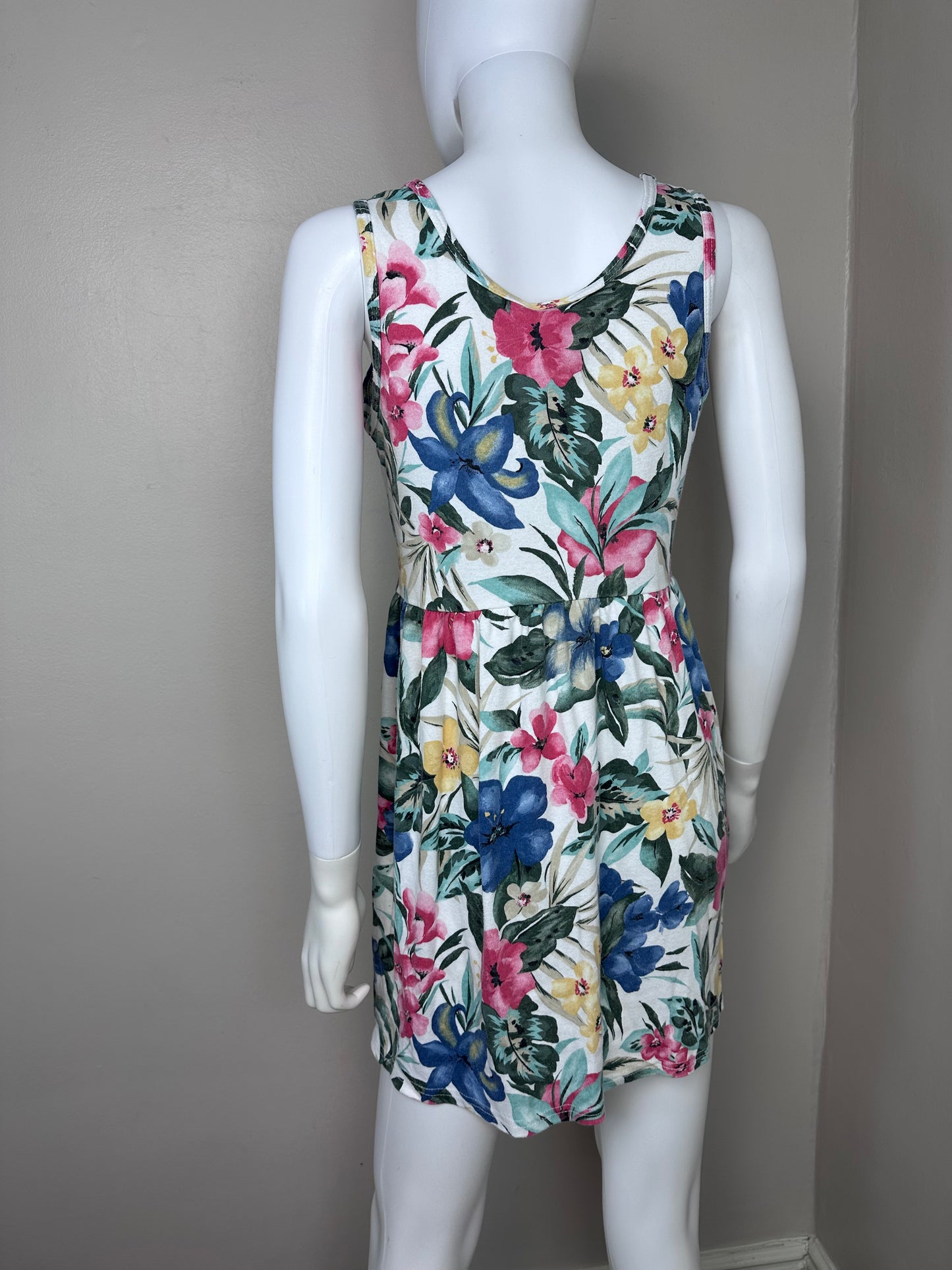 1990s Tropical Floral Knit Sleeveless Mini Dress, No Boundaries Size Small-Medium, Babydoll Dress