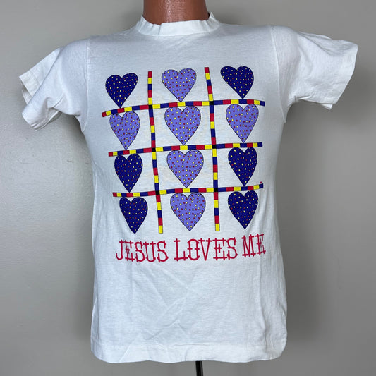 1990s Jesus Loves Me T-Shirt, Size XS, Cottagecore Hearts