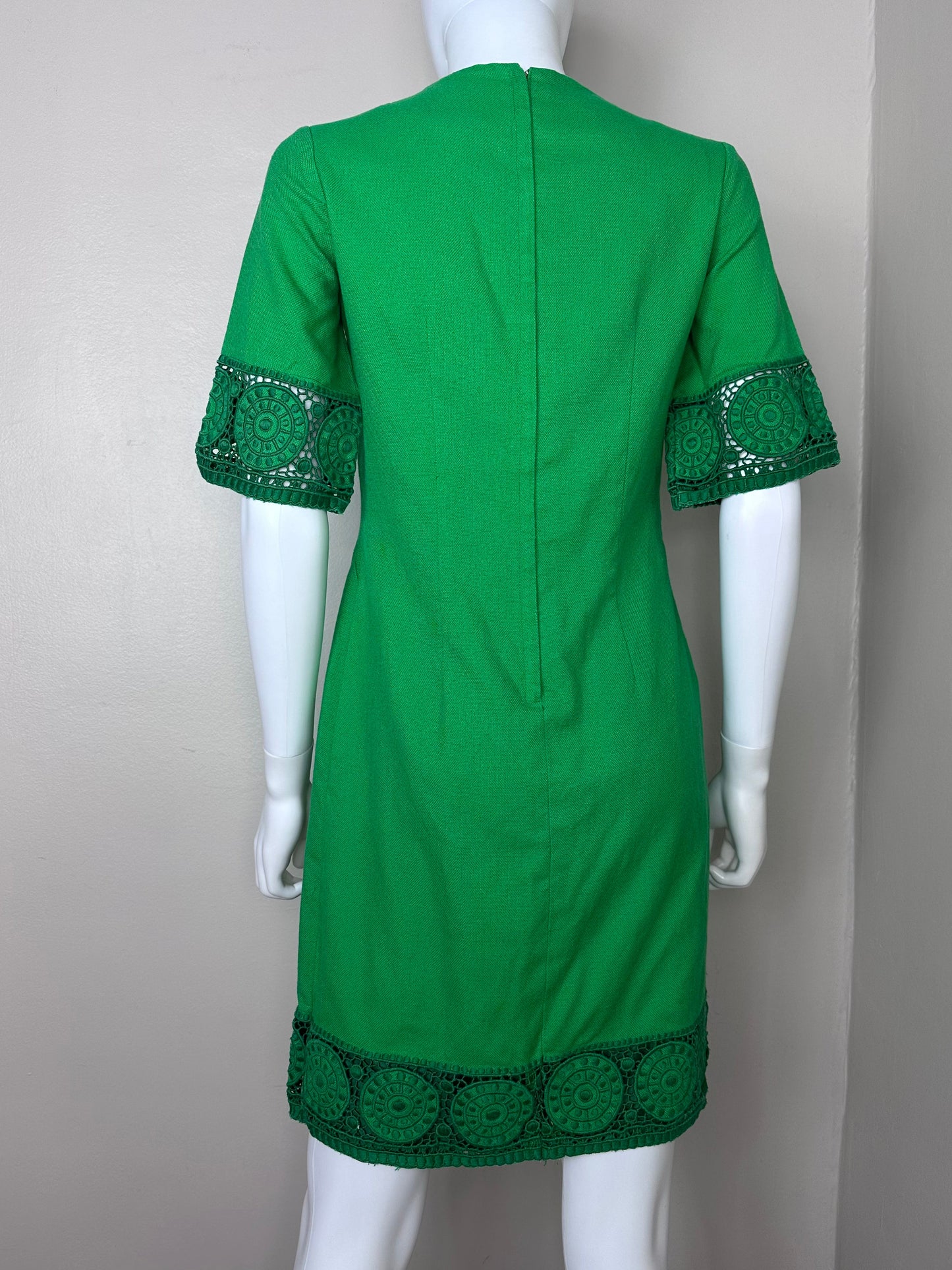 1960s Green Dress with Lace Trim, Alarcon's Dress Shop Size Small