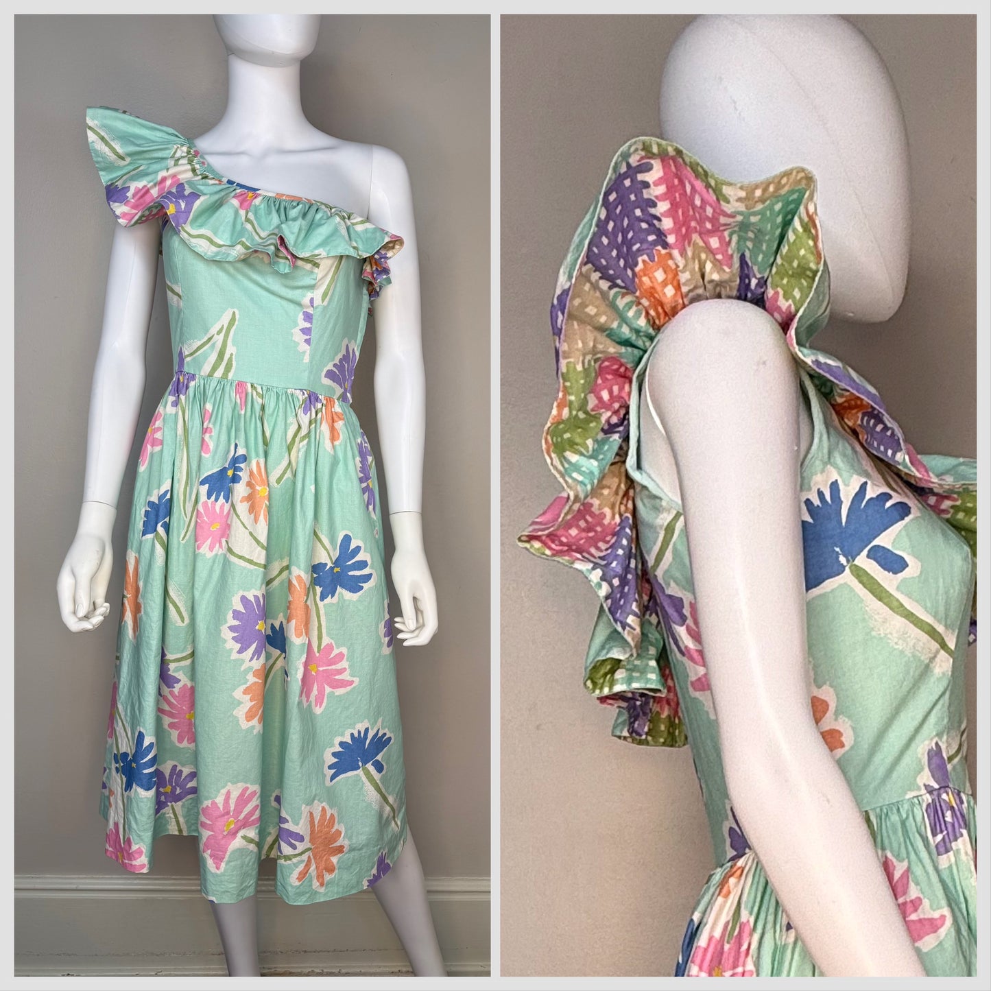 1980s Pastel Green Floral One Shoulder Dress, Blair Woolverton Size XS, Asymmetrical