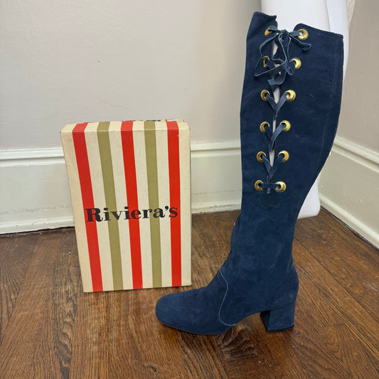 1960s/70s Navy Blue Leather Lace Up Go go Boots, Riviera’s Size 7 1/2 Narrow