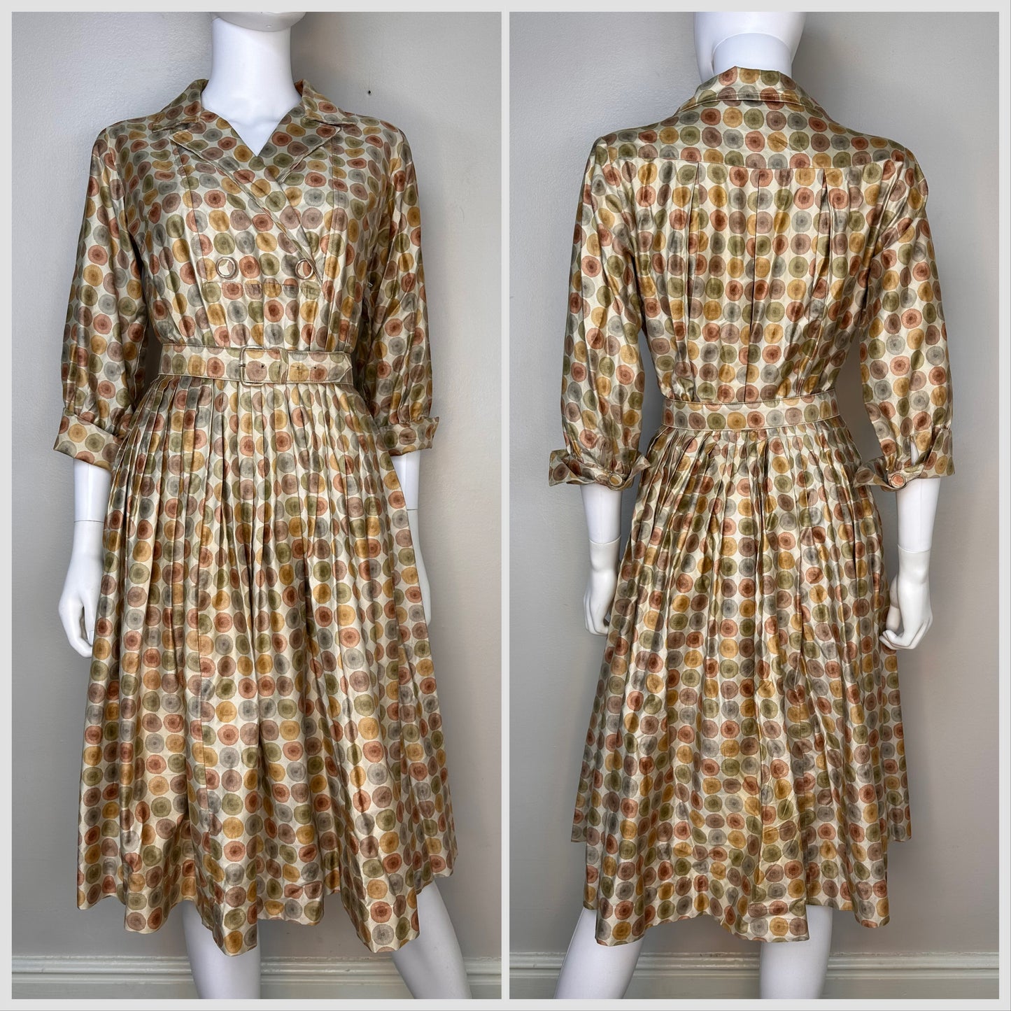 1950s/60s Mocha Polka Dot Shirtwaist Dress with Full Skirt, Wendy Woods Size XS