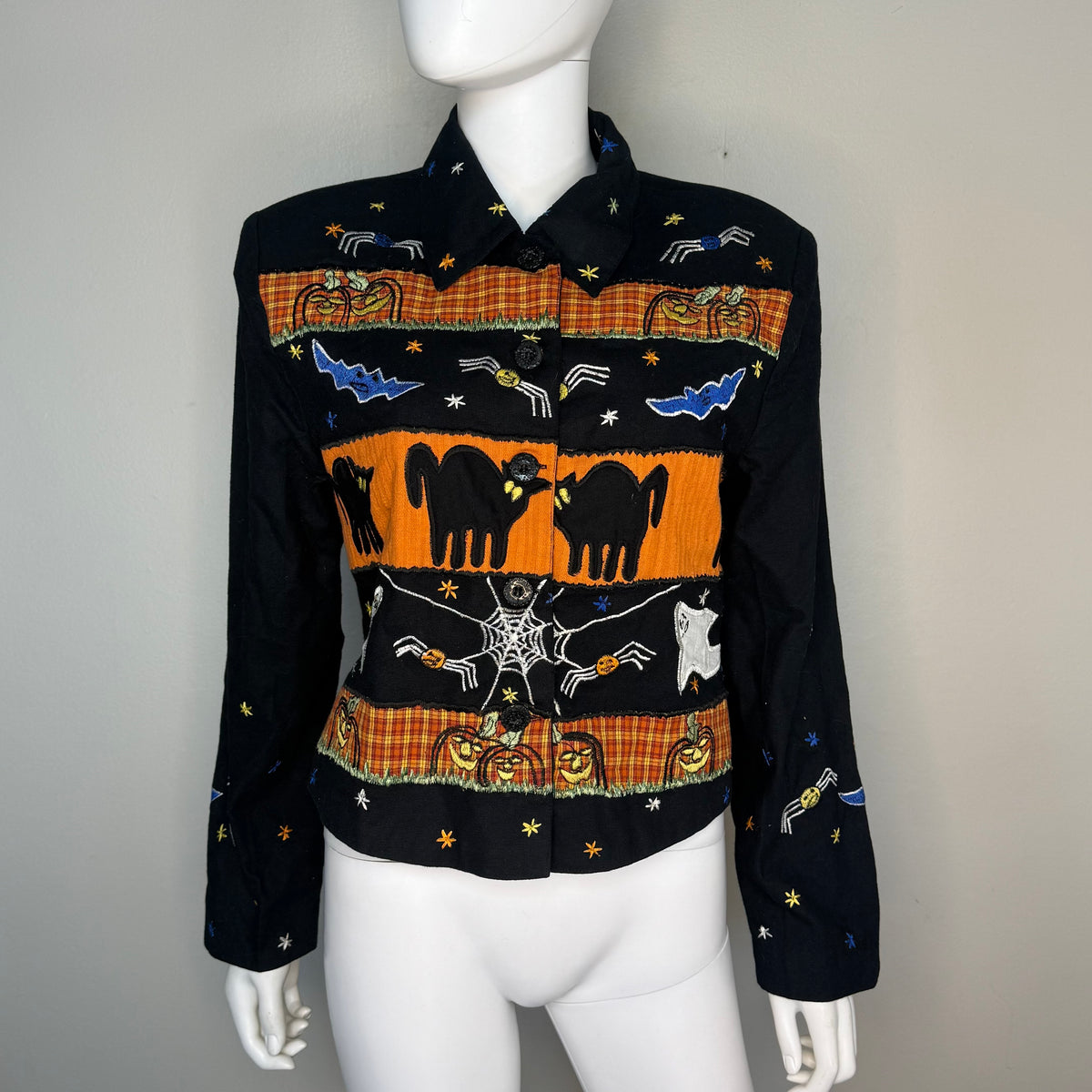 1990s Halloween Applique Jacket, Tunique Size Medium, Black Cats Spiders Ghosts Jack-o-lanterns