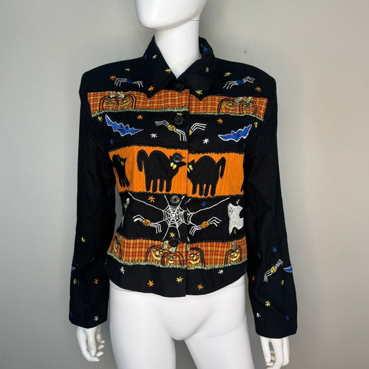 1990s Halloween Applique Jacket, Tunique Size Medium, Black Cats Spiders Ghosts Jack-o-lanterns