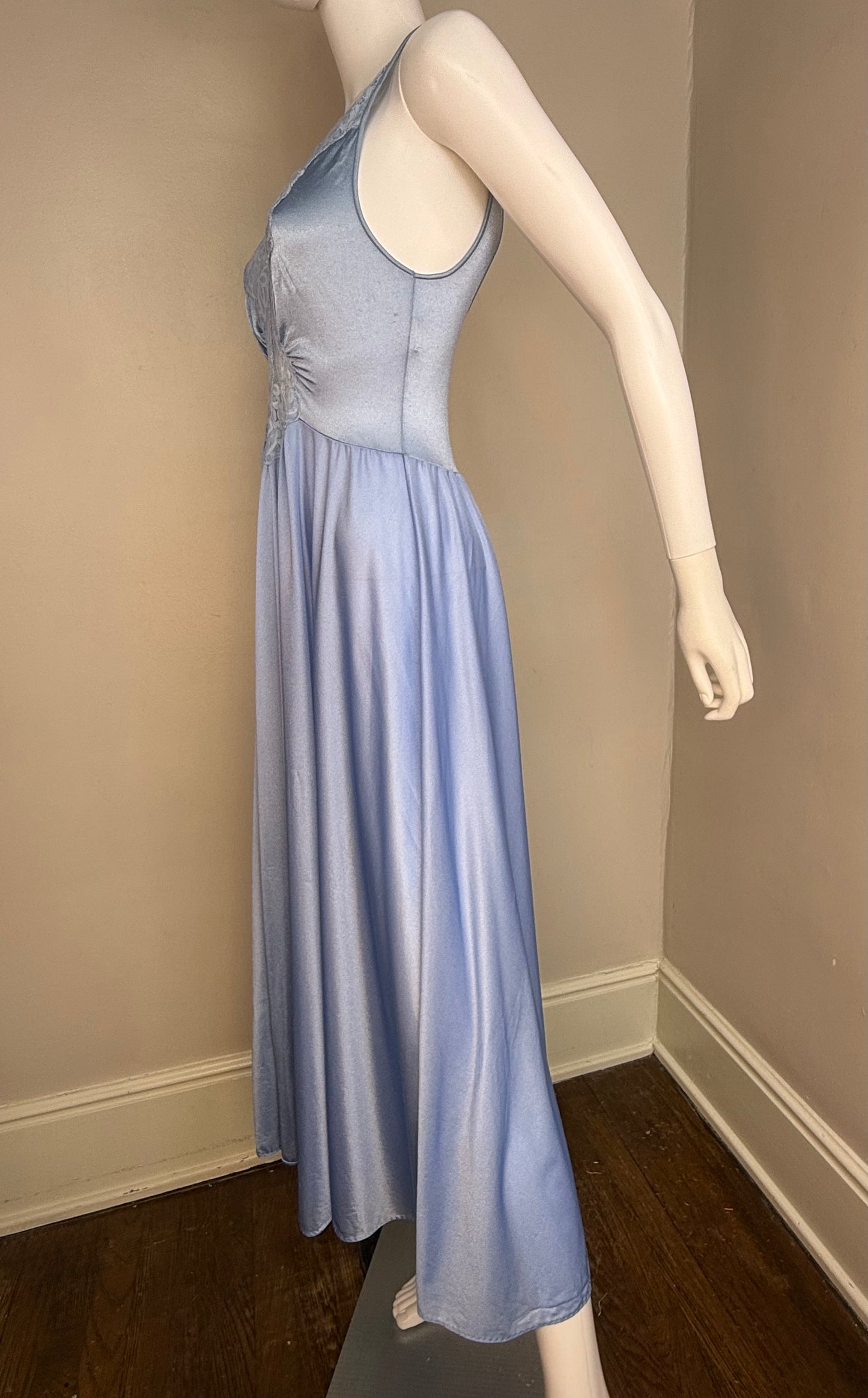 1970s Blue Nightgown with Full Sweep, Lace Cut Out Bodice, Lorraine Size XS-Small