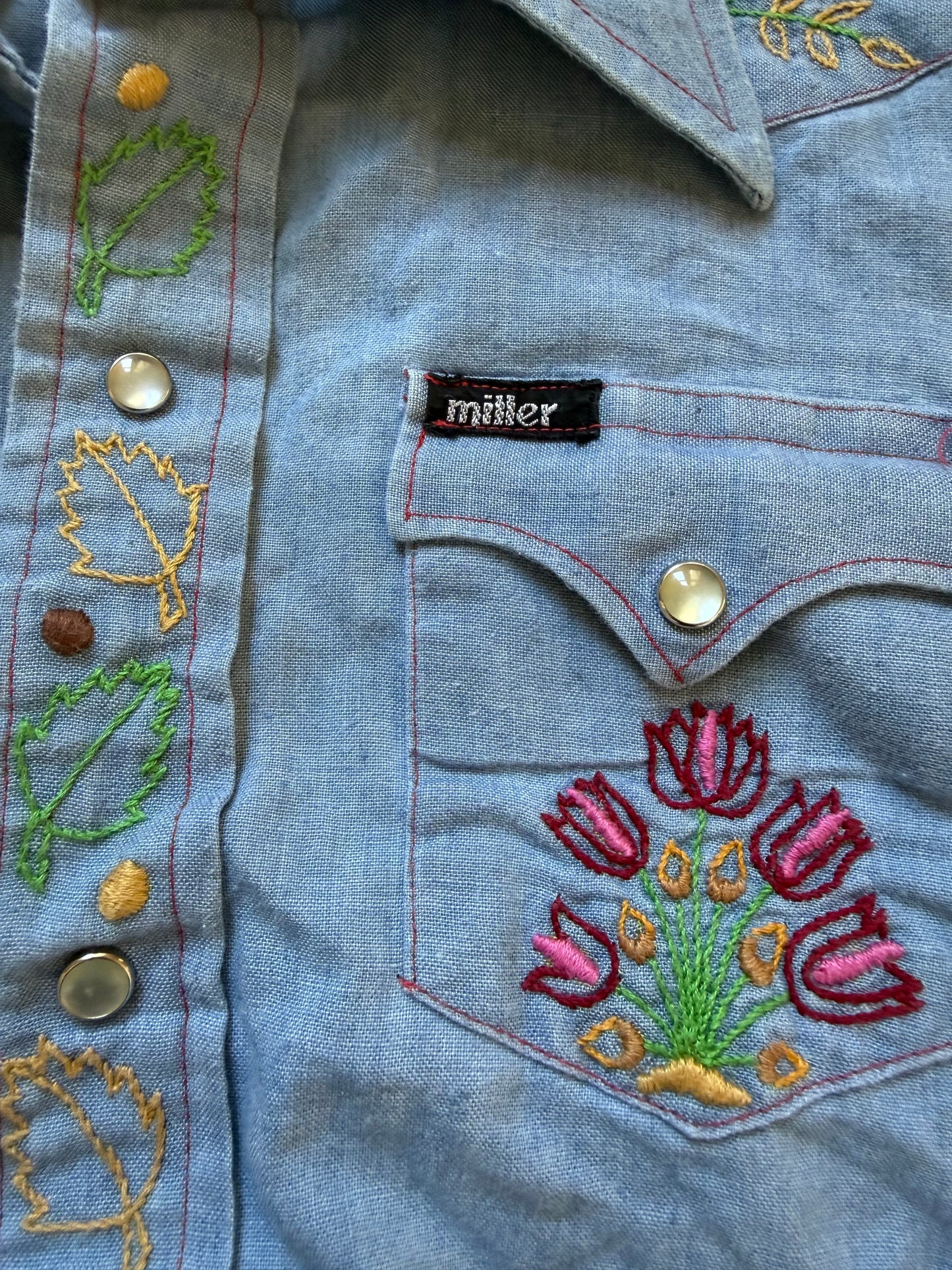 1970s Kids’ Chambray Shirt with Floral Embroidery, Miller Western Wear Size 10/12